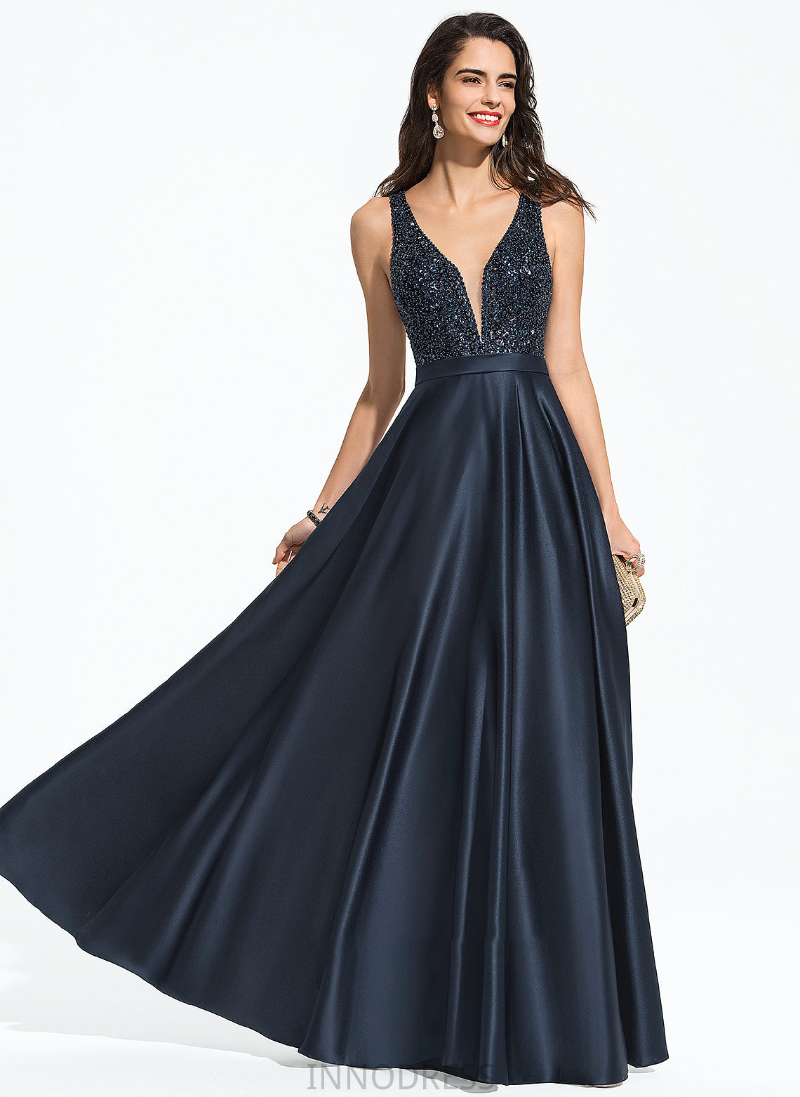 Prom Dresses Belinda Satin Sequins Floor-Length With A-Line Beading V-neck
