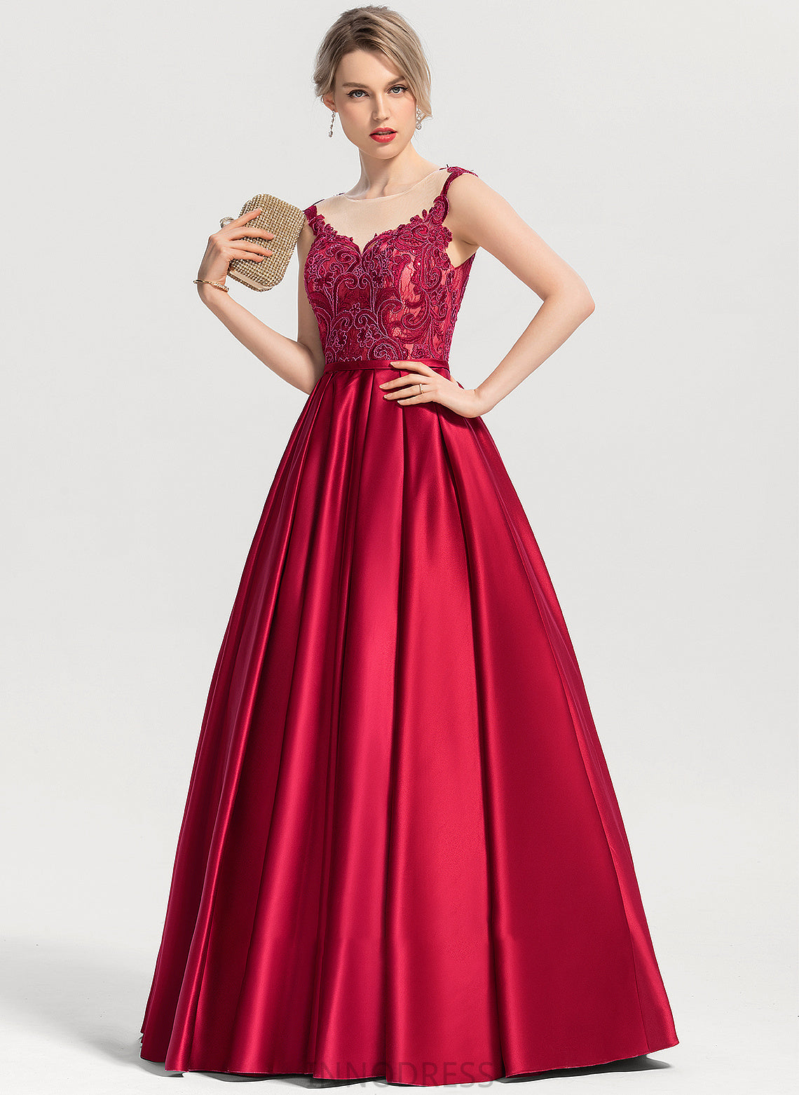 Floor-Length Diamond Sequins Ball-Gown/Princess Scoop With Neck Satin Prom Dresses