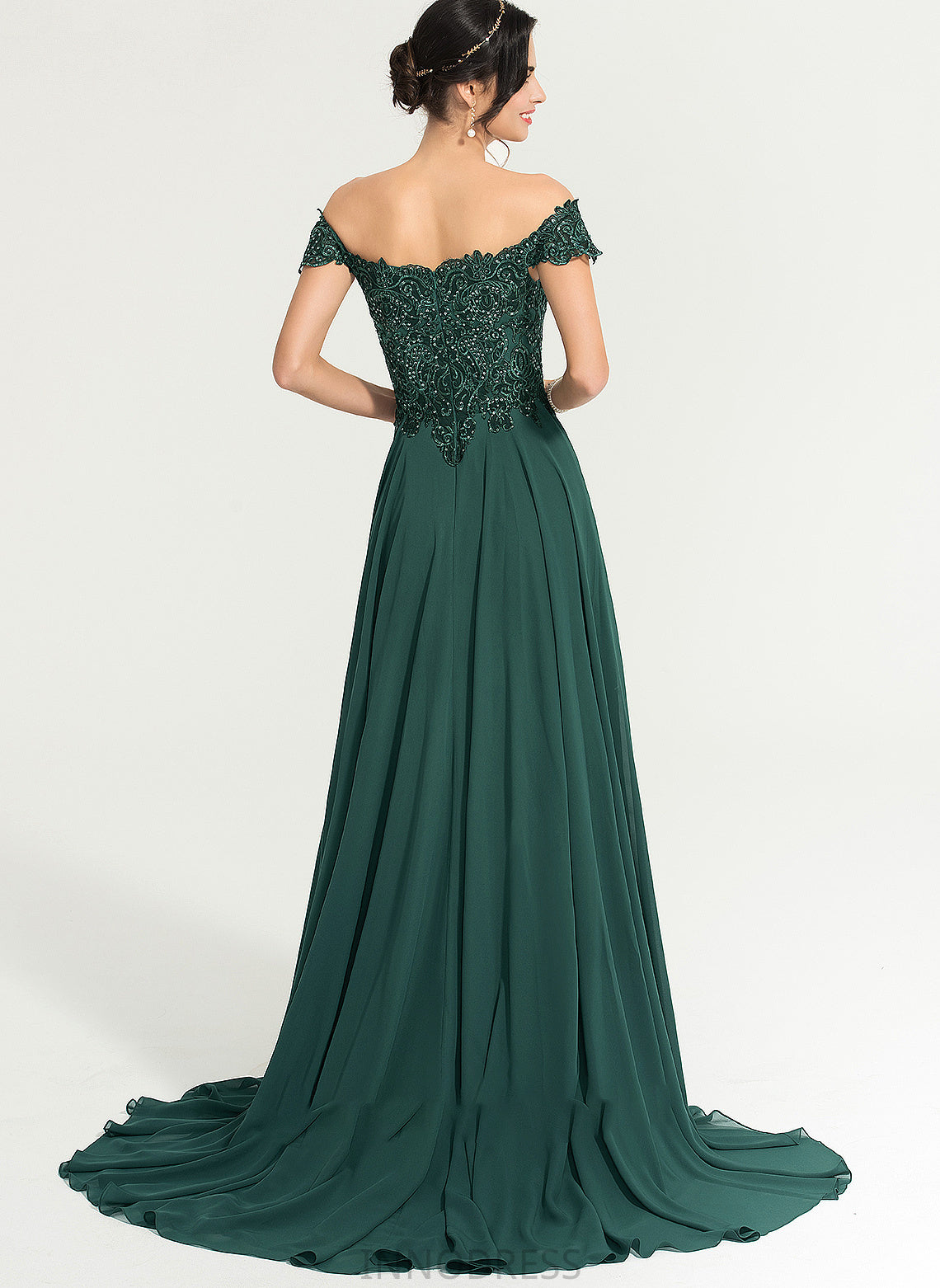 Front Split Off-the-Shoulder Jazlene Sequins With Sweep A-Line Prom Dresses Chiffon Train