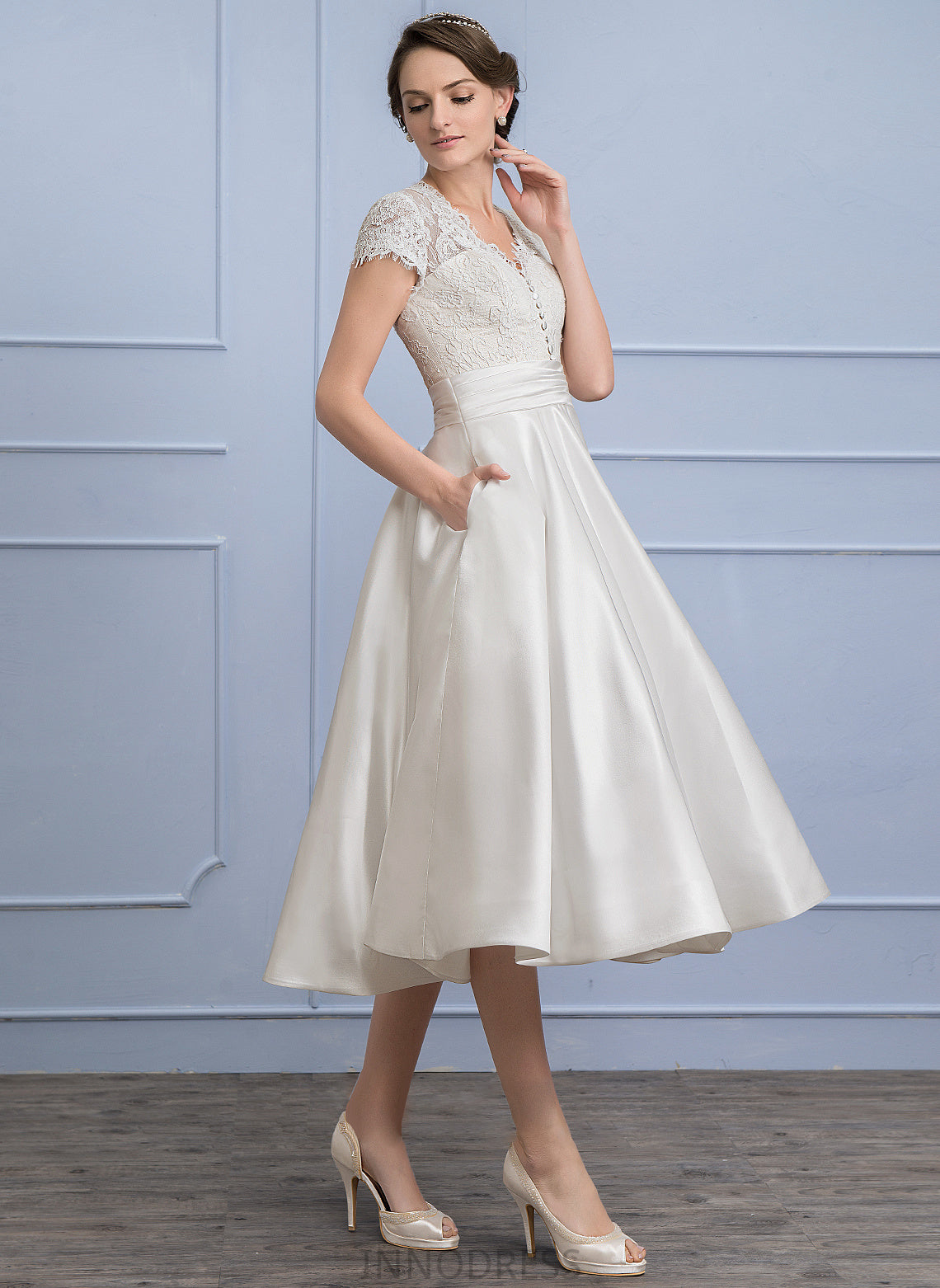A-Line Wedding Dresses Dress V-neck Tea-Length Wedding Sage Ruffle Pockets With Satin