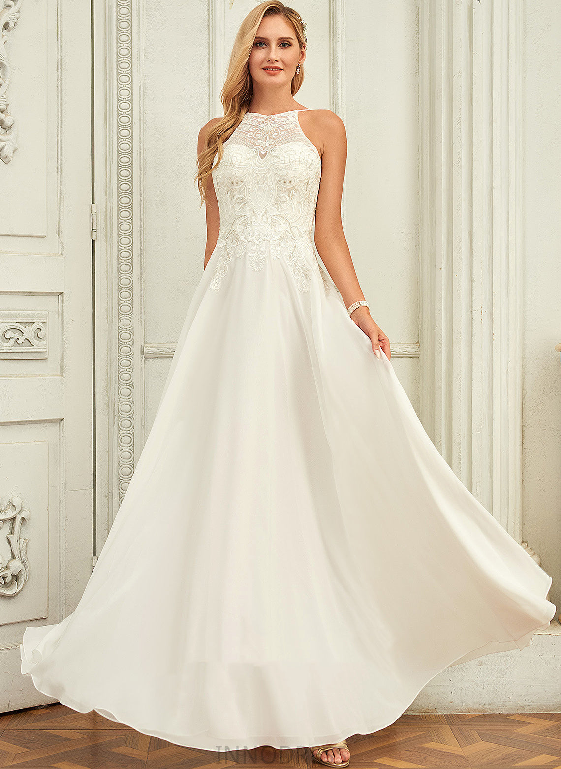 Lace Chasity Chiffon Wedding Dresses Scoop Wedding A-Line Dress Floor-Length
