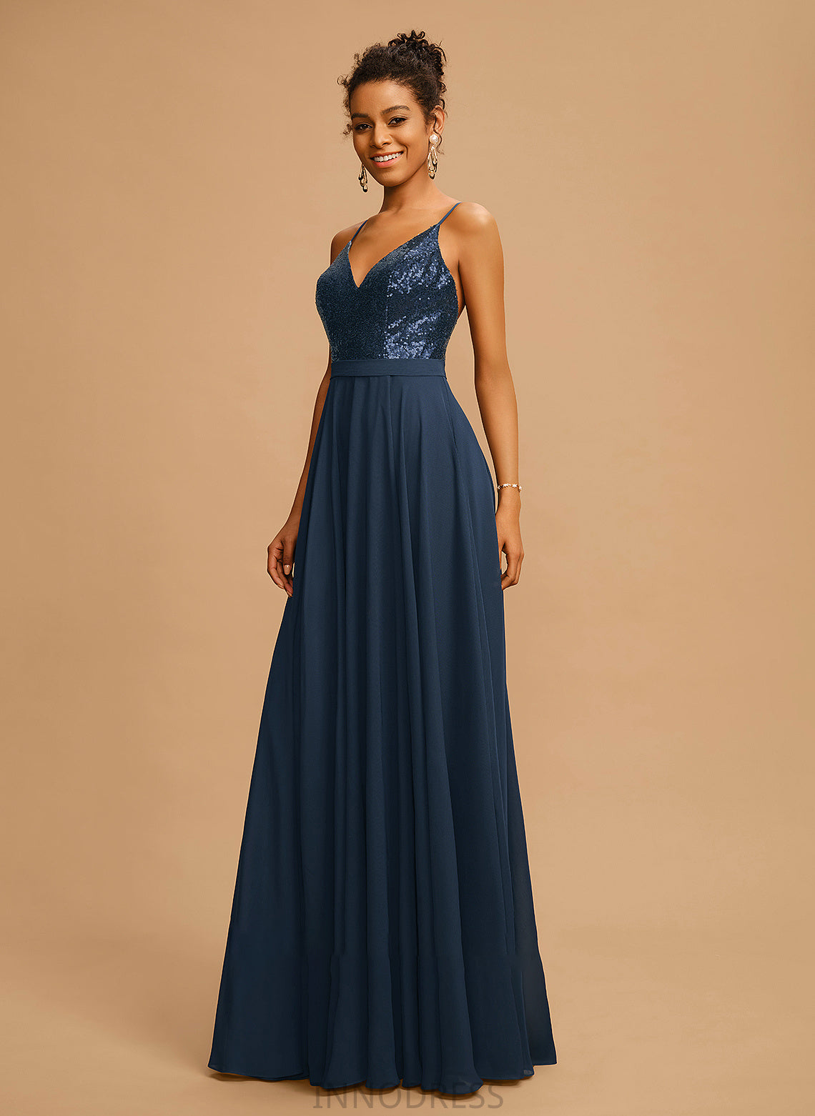 Floor-Length Prom Dresses Sequins A-Line V-neck Chiffon Zoie With