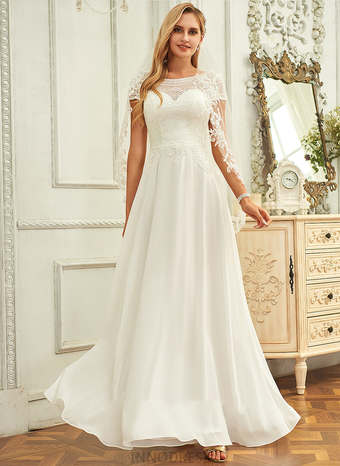Lace Sequins Chiffon Scoop Wedding Dress With Floor-Length Wedding Dresses Brooke