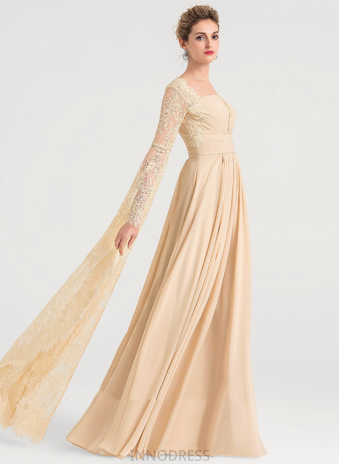 Ruffle Dress Square Neckline Beading Wedding Dresses Chiffon Floor-Length With Lace Wedding Hadley A-Line
