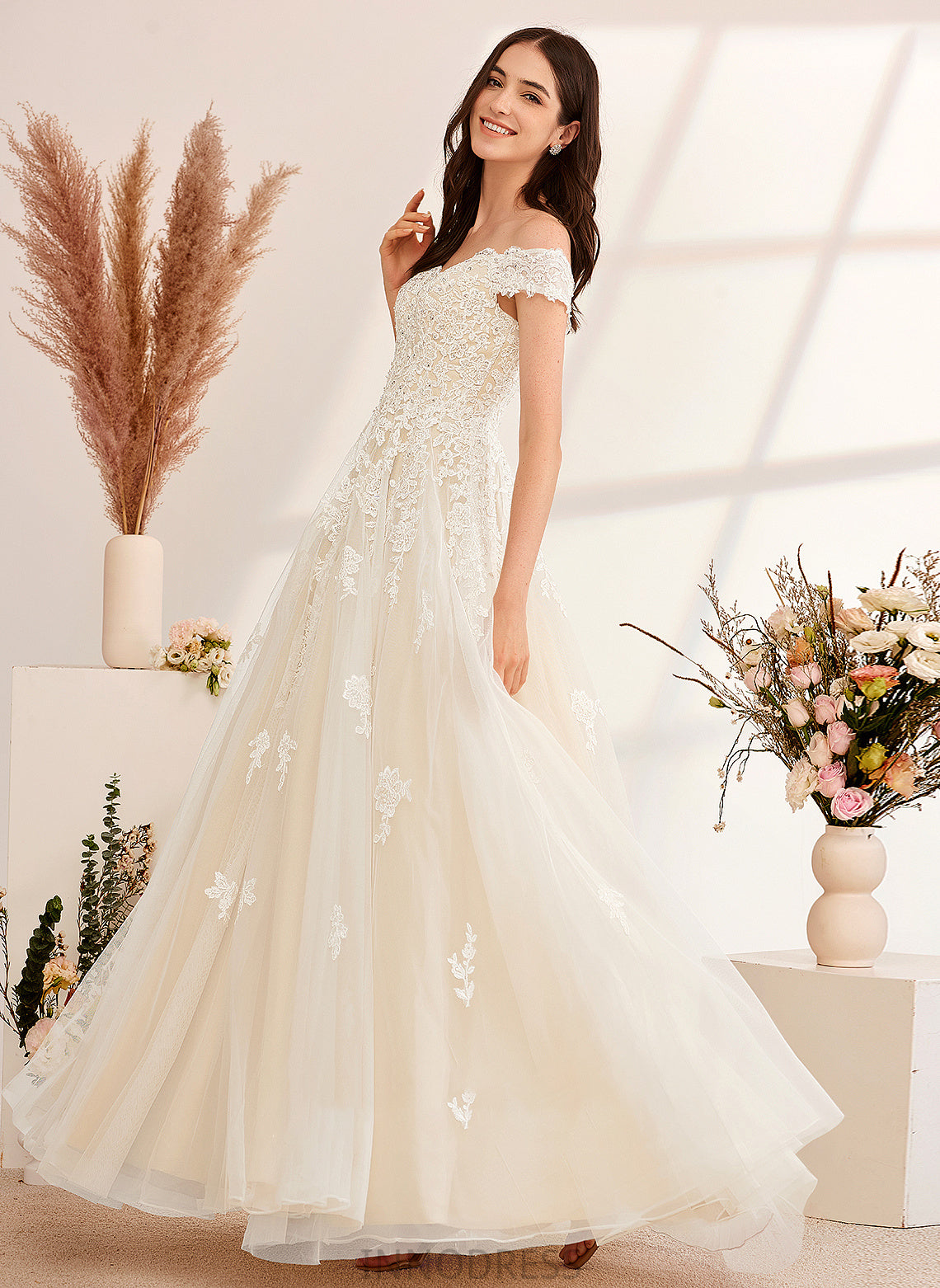 Ball-Gown/Princess Margaret Dress Wedding Dresses Beading Floor-Length With Wedding Off-the-Shoulder Sequins