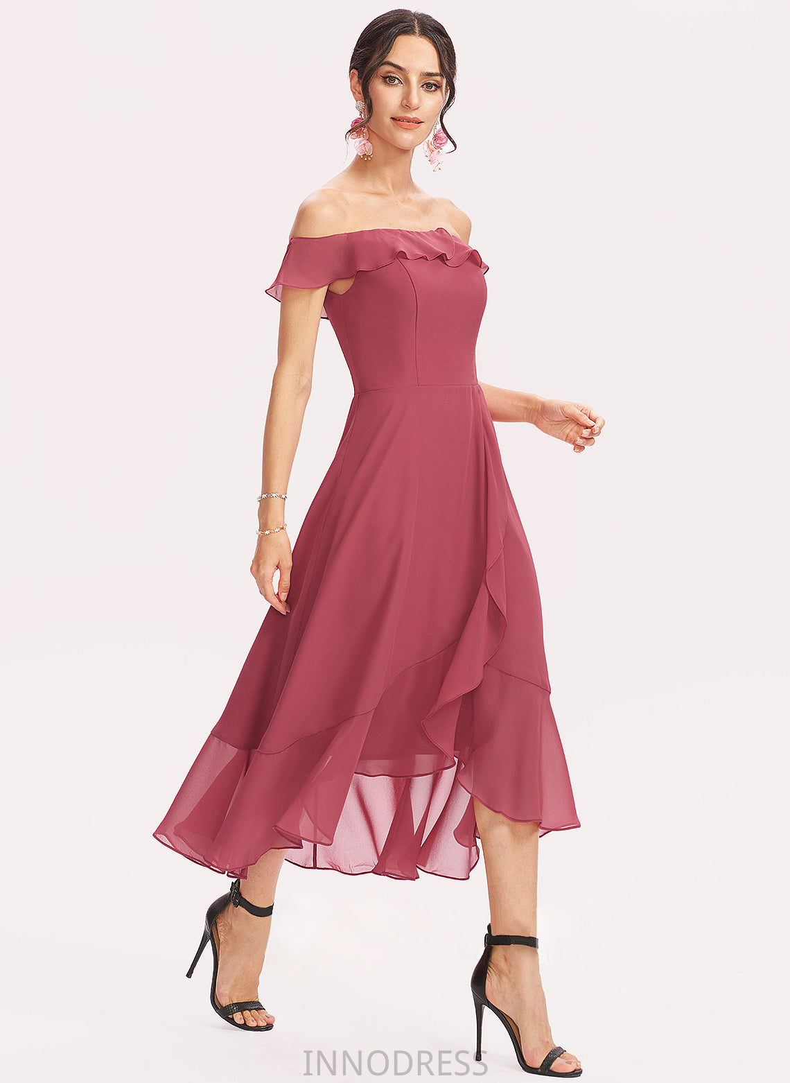 Fabric Embellishment CascadingRuffles Tea-Length Silhouette Length Neckline Off-the-Shoulder A-Line Alyson Floor Length A-Line/Princess