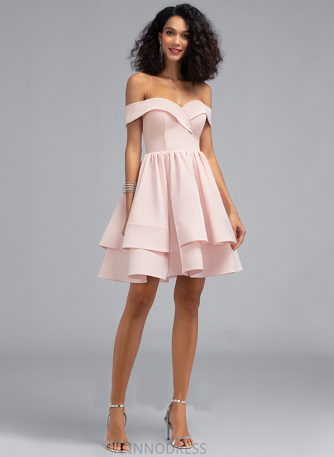 Crepe A-Line Ruffles Kendra Off-the-Shoulder With Cascading Prom Dresses Stretch Short/Mini