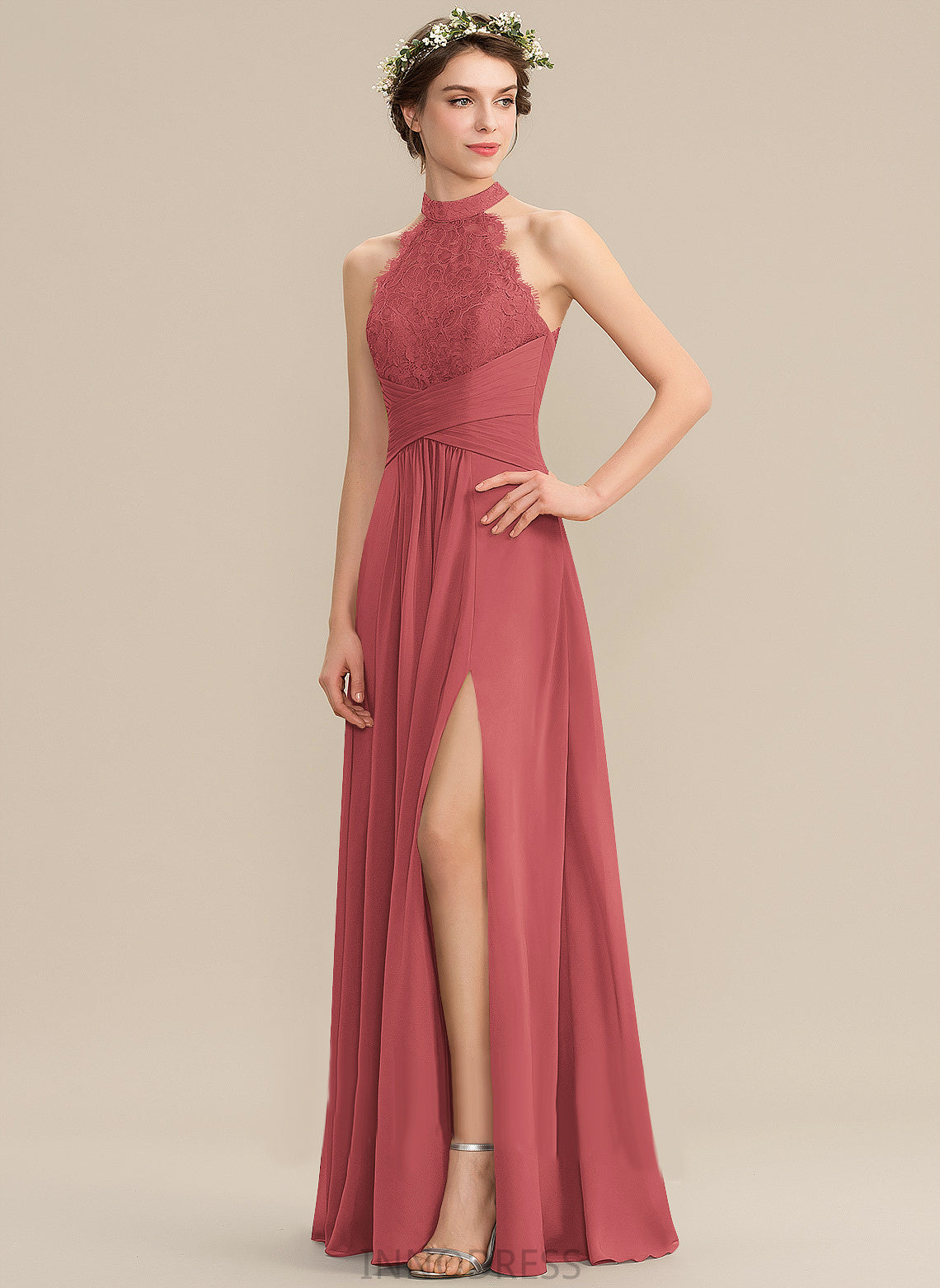 Prom Dresses A-Line Neck Split With Jane Lace High Ruffle Front Chiffon Floor-Length