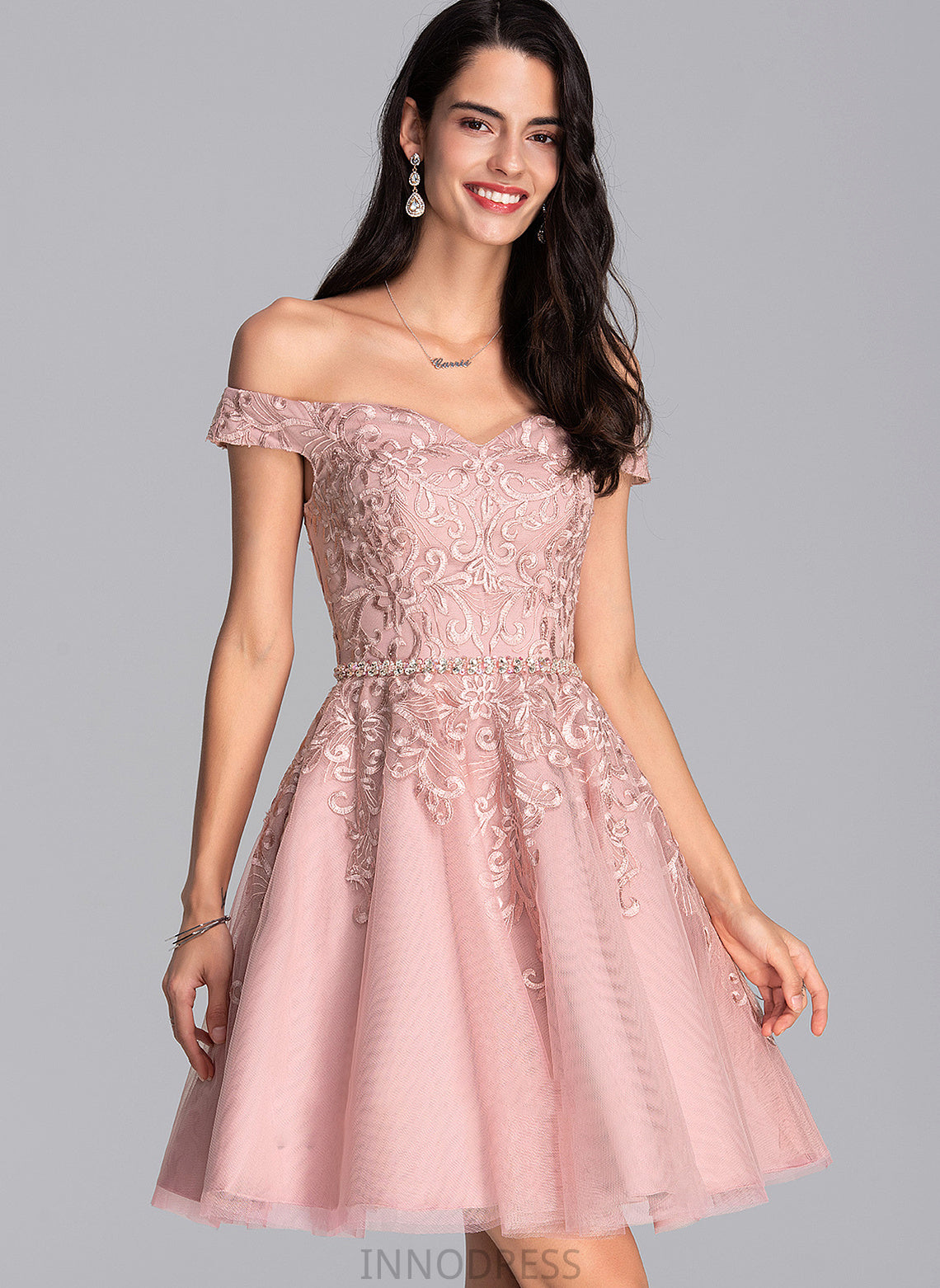 Tulle Prom Dresses Short/Mini Sequins Off-the-Shoulder With Abigayle Beading A-Line