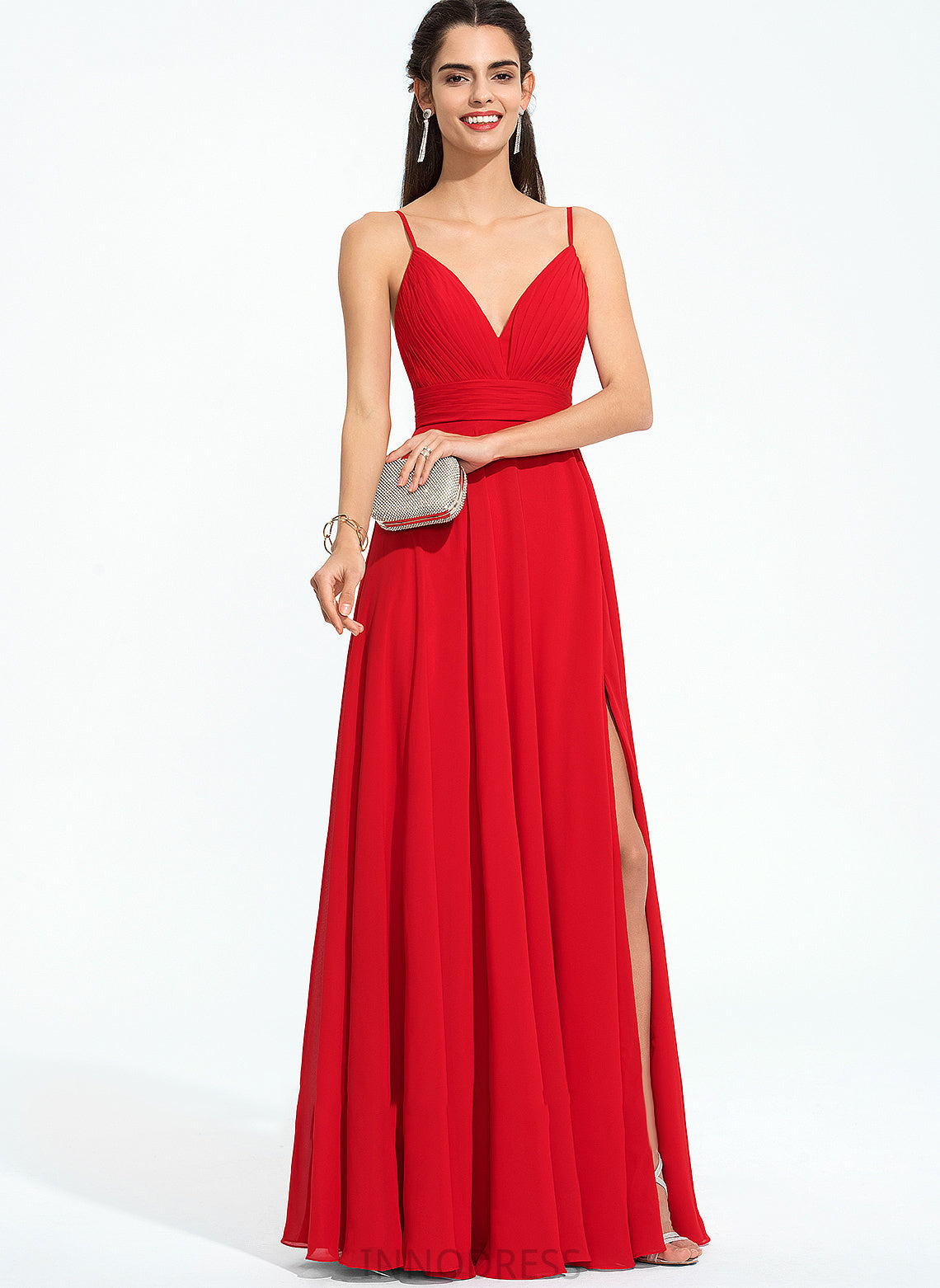 A-Line Front Split Prom Dresses Ruffle Floor-Length Chiffon With Angelina V-neck