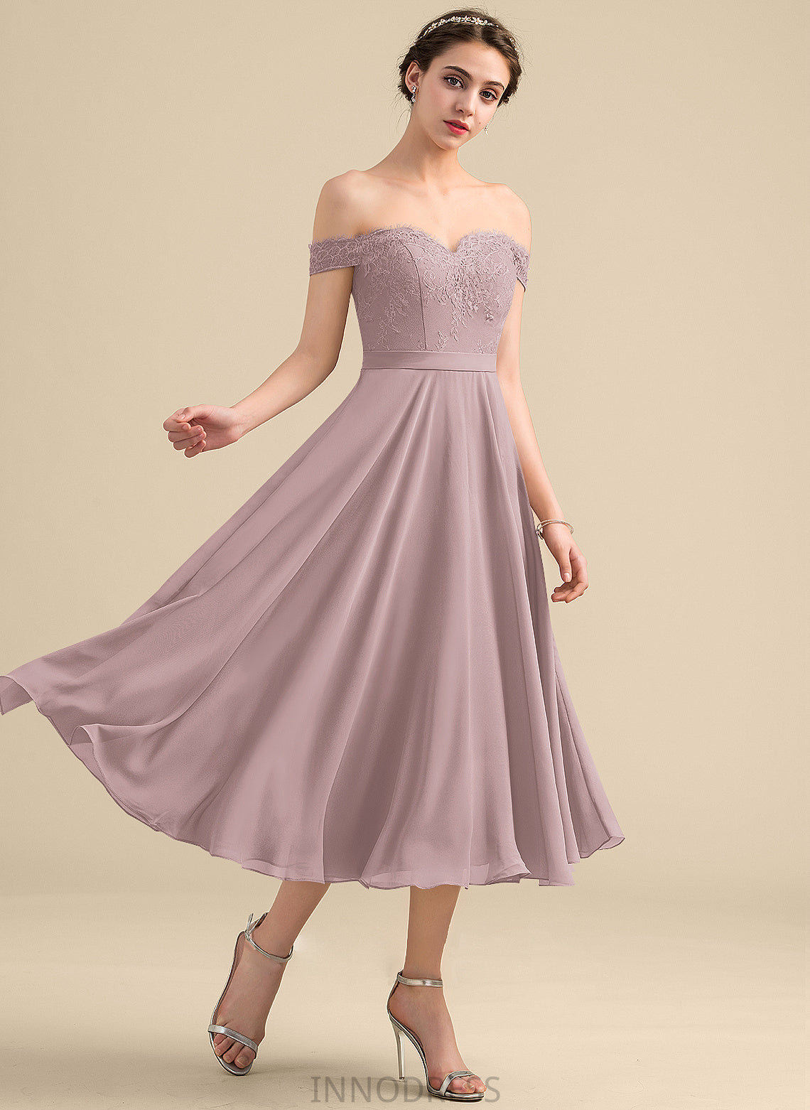 Beading Length Off-the-Shoulder Fabric Sequins Tea-Length Neckline Embellishment Silhouette A-Line Maryjane Natural Waist
