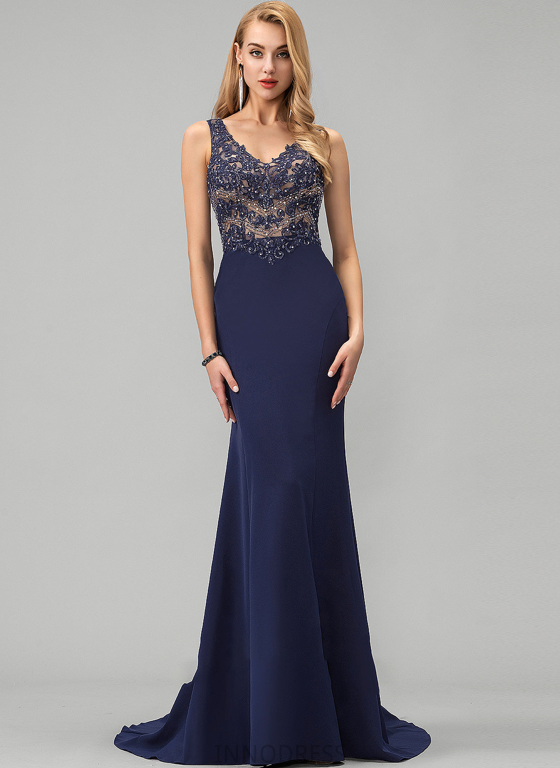 Crepe Sweep Prom Dresses With Valerie V-neck Stretch Trumpet/Mermaid Beading Train Sequins