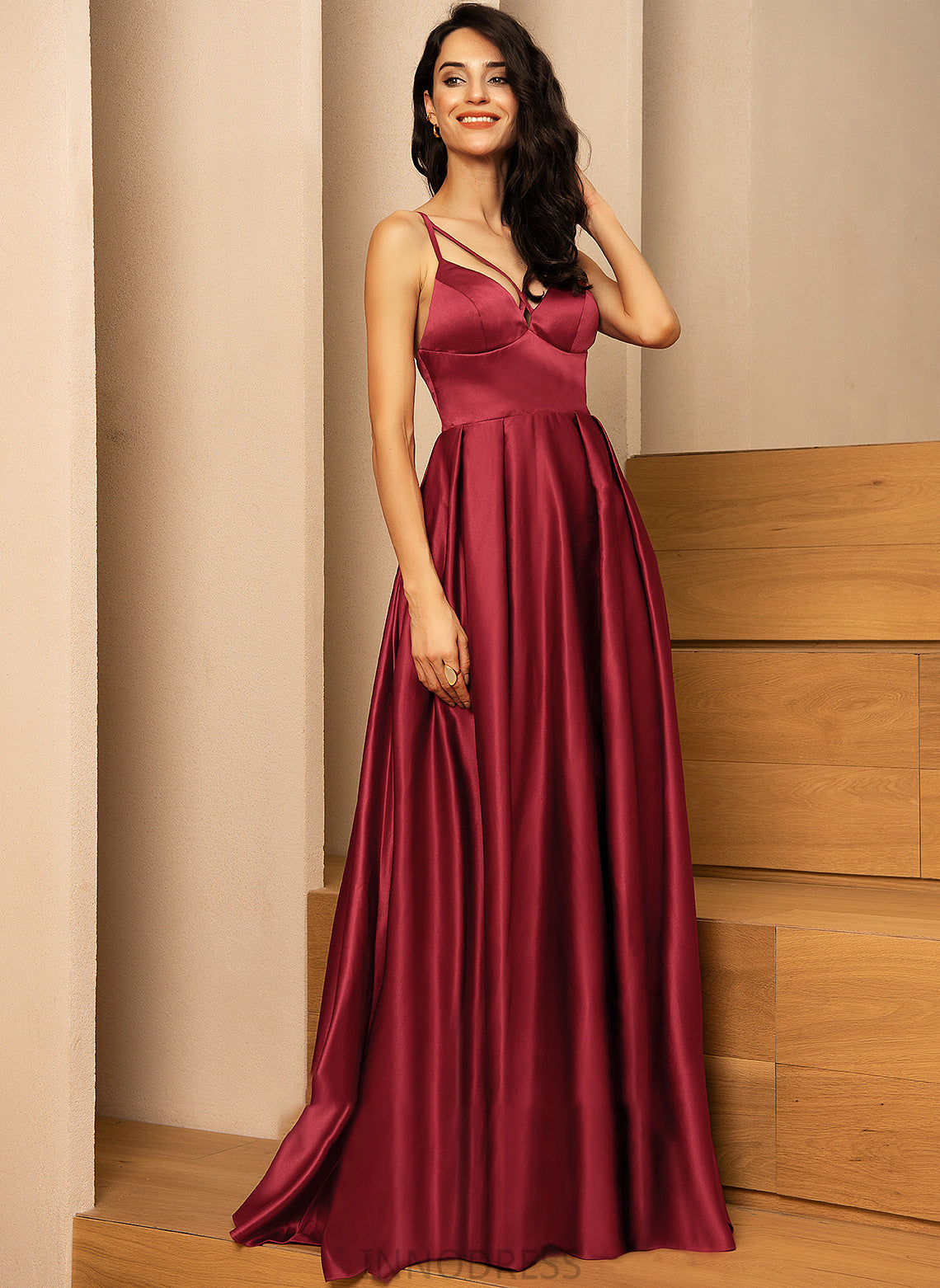 V-neck Satin Front Kaya Pockets A-Line With Split Floor-Length Prom Dresses