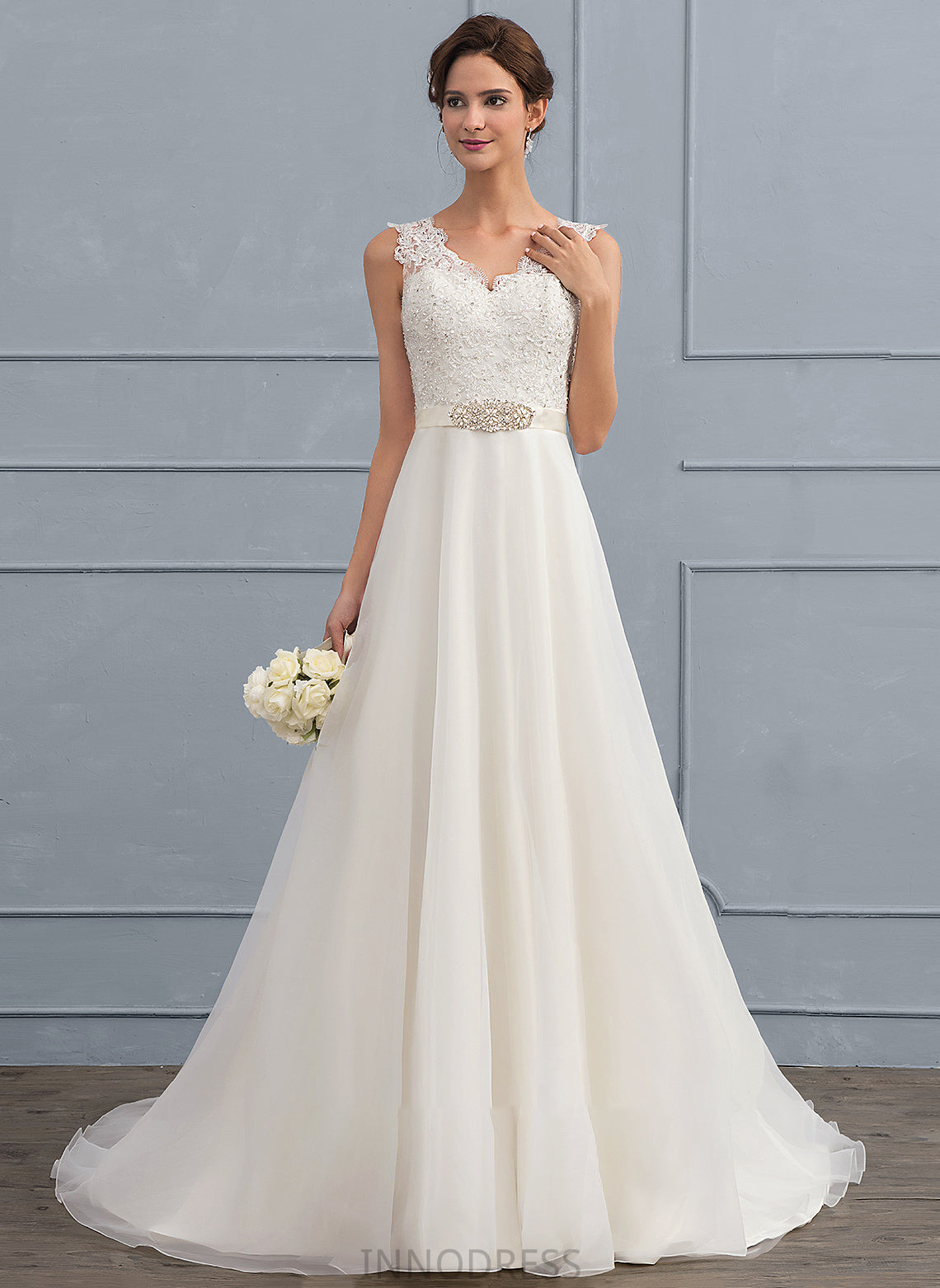 Sweep Beading Train Dress Bow(s) Organza With A-Line Wedding Dresses Wedding V-neck Karsyn