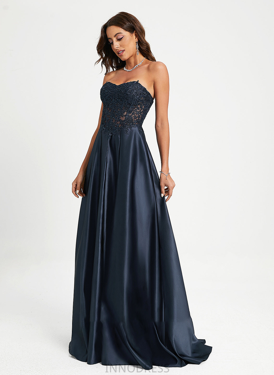 Train Chasity A-Line Satin Sweep Sweetheart Prom Dresses With Lace