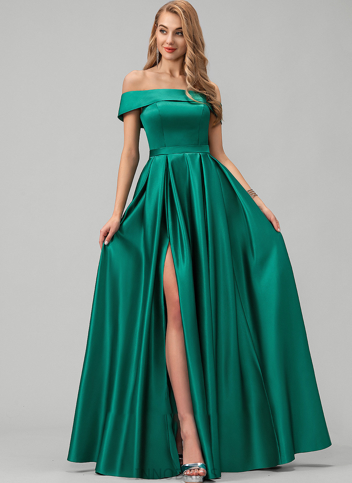 Floor-Length Satin Pockets Split Front Off-the-Shoulder With Ashleigh Ball-Gown/Princess Prom Dresses