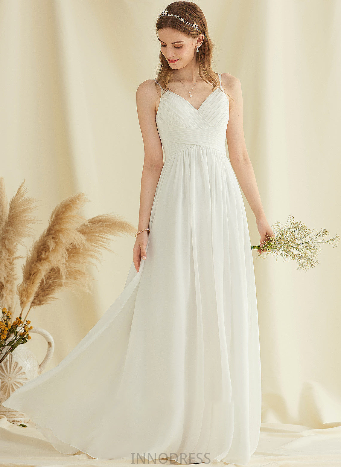 A-Line Wedding Dress Lace Chloe Chiffon With Floor-Length V-neck Wedding Dresses