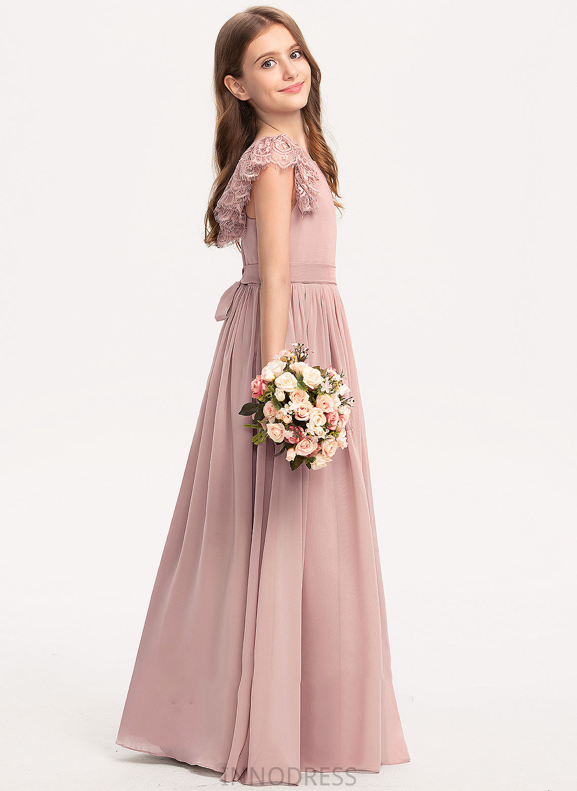 Scoop Junior Bridesmaid Dresses Bow(s) Chiffon A-Line Mareli With Lace Floor-Length Neck
