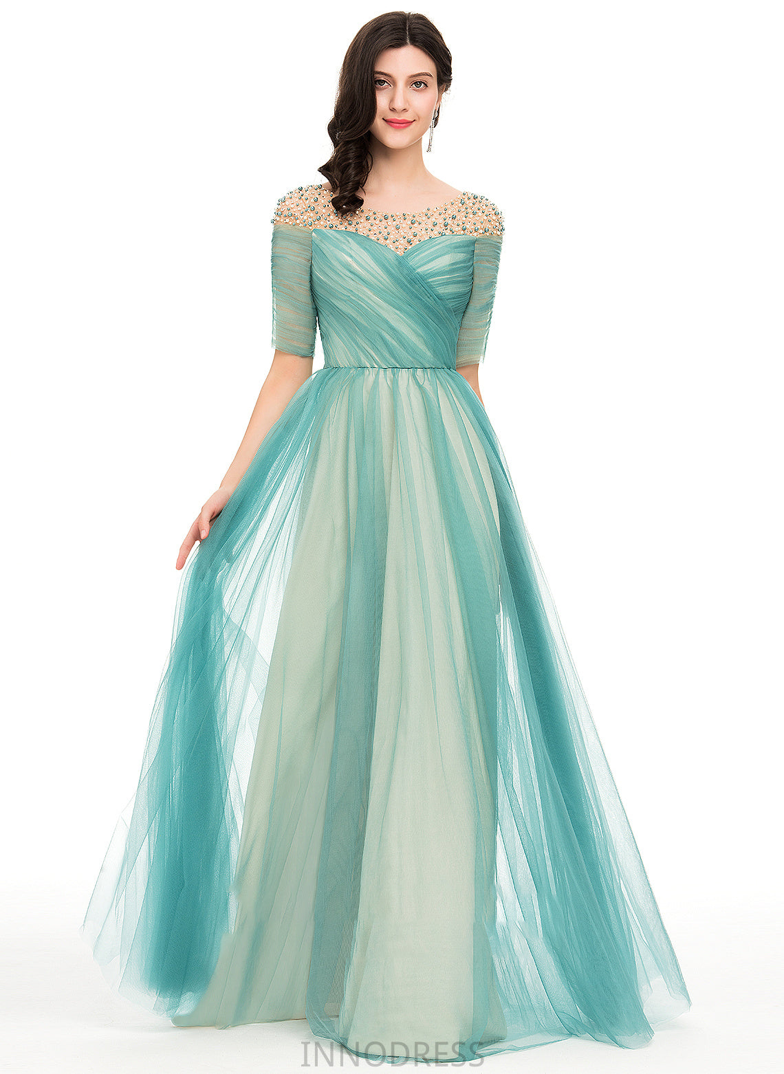 With Prom Dresses Floor-Length Beading Neck Scoop Ball-Gown/Princess Tulle Carleigh