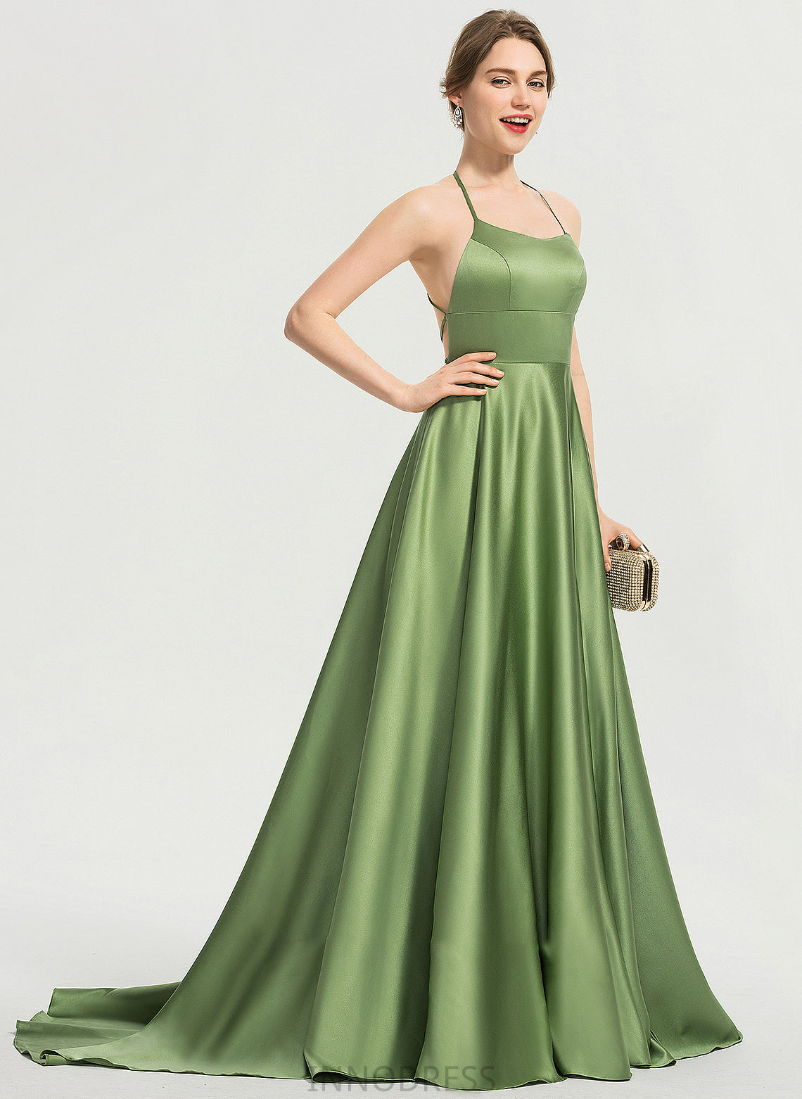Scoop Lila Satin Split Prom Dresses Front A-Line With Sweep Neck Train