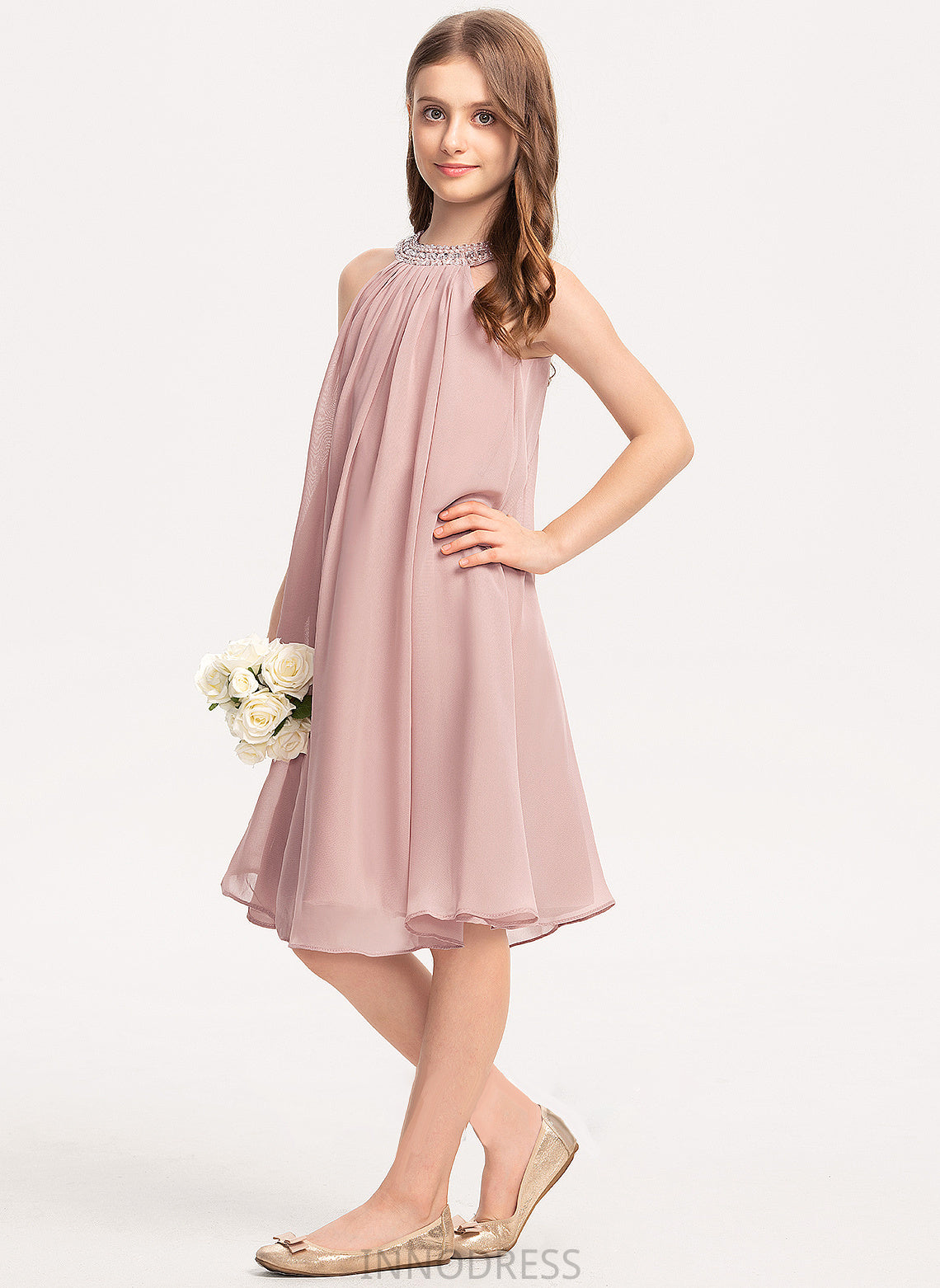 Chiffon Scoop Knee-Length Camryn With Neck Junior Bridesmaid Dresses A-Line Sequins Beading