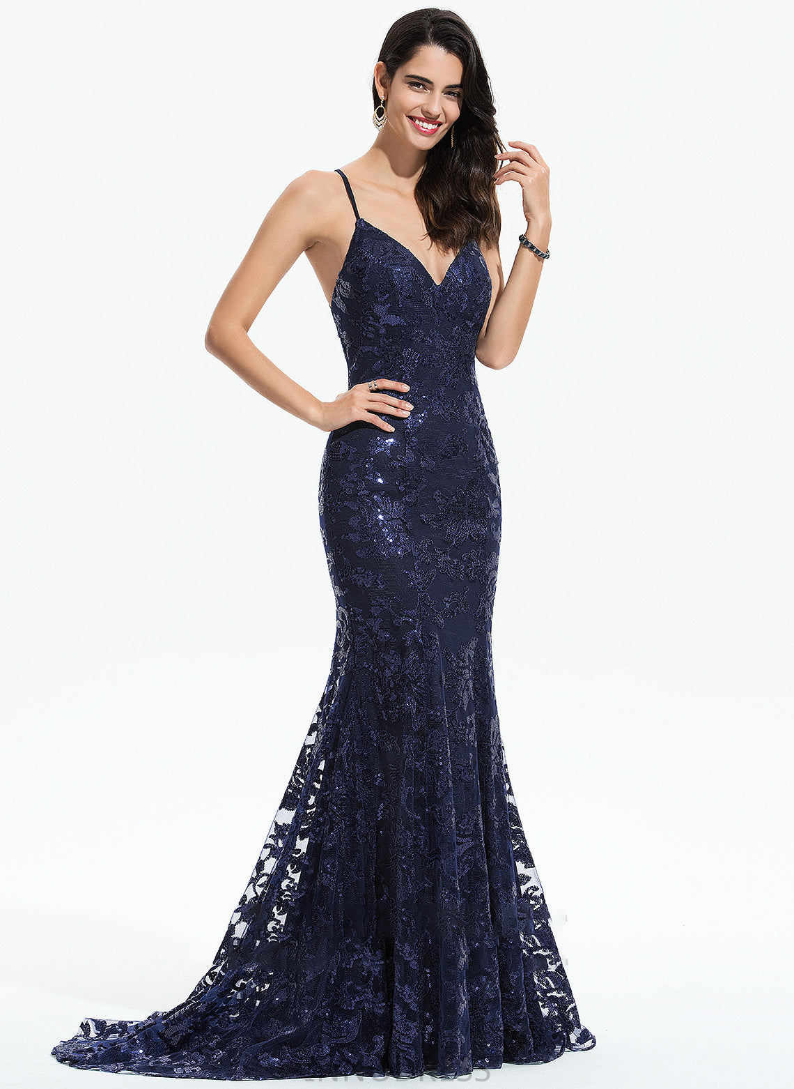 Alexia Sequined Sweep Prom Dresses With Trumpet/Mermaid V-neck Sequins Train