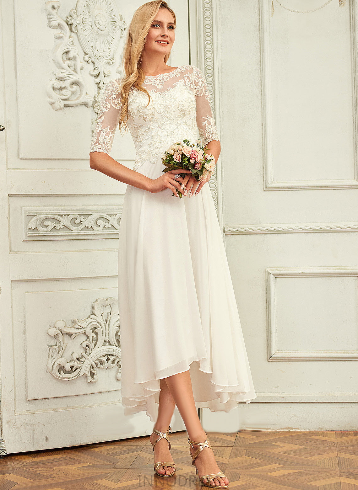 With A-Line Asymmetrical Wedding Dresses Sequins Chiffon Dress Scoop Lace Beading Melody Wedding