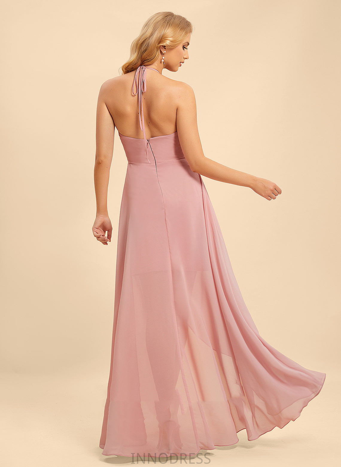 Neckline Asymmetrical Silhouette A-Line Length Ruffle Embellishment Fabric Halter Madge Straps Sleeveless Bridesmaid Dresses