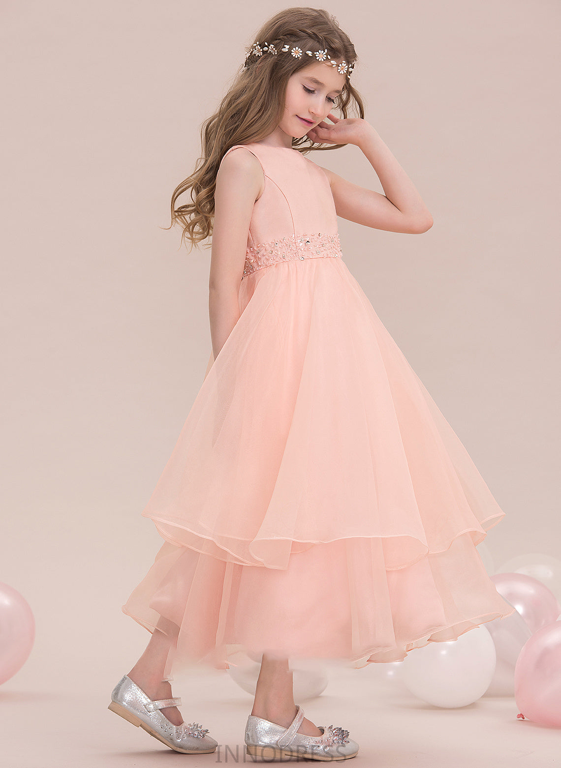 Sequins A-Line With Neck Organza Junior Bridesmaid Dresses Scoop Ankle-Length Kara Beading