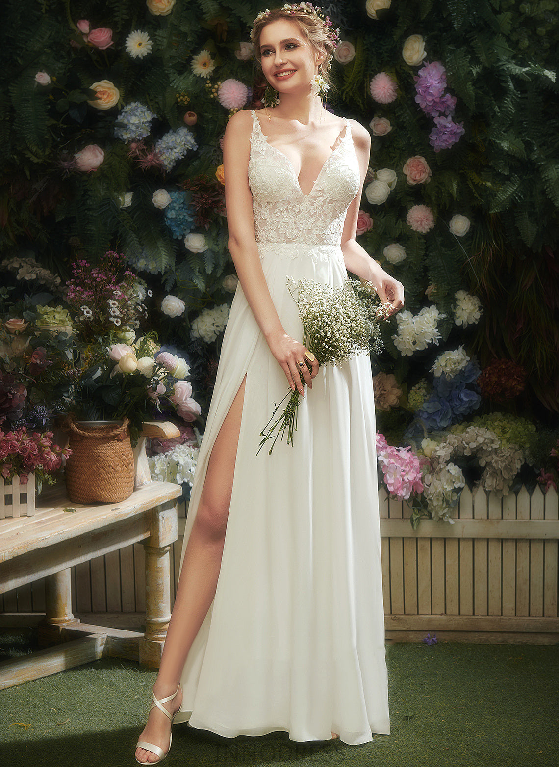 Floor-Length V-neck Kasey A-Line Dress Wedding Lace Chiffon Wedding Dresses