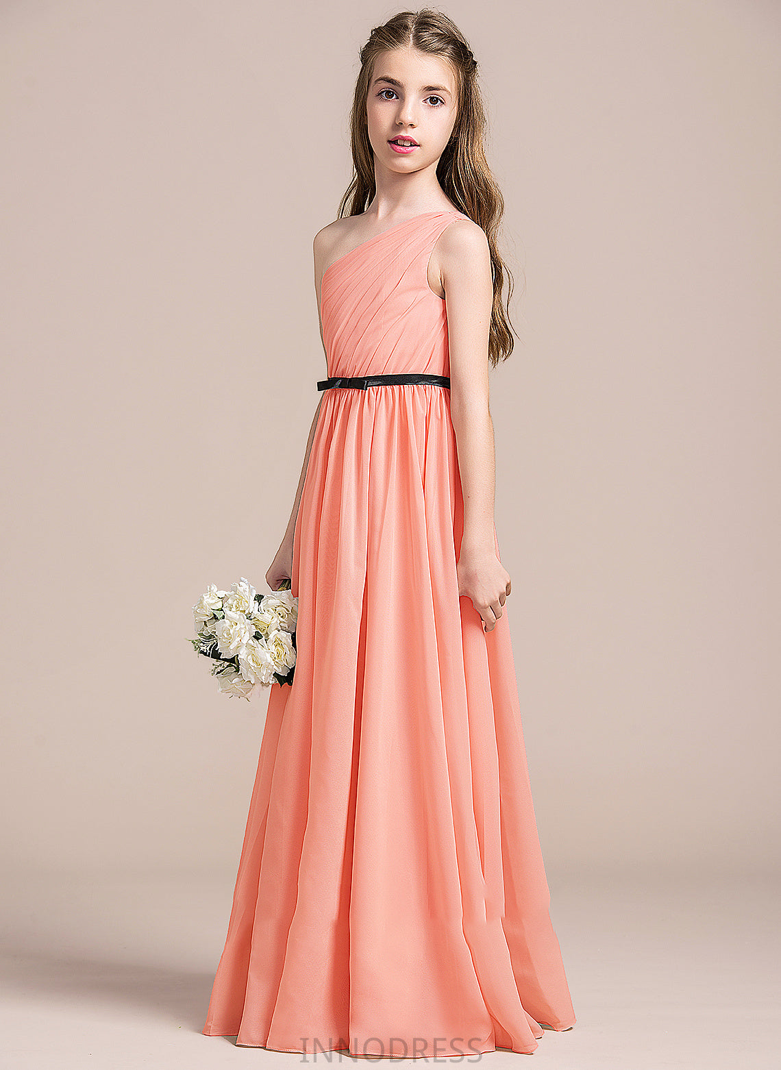 With Ruffle Floor-Length A-Line Junior Bridesmaid Dresses One-Shoulder Chiffon Jessica Bow(s)