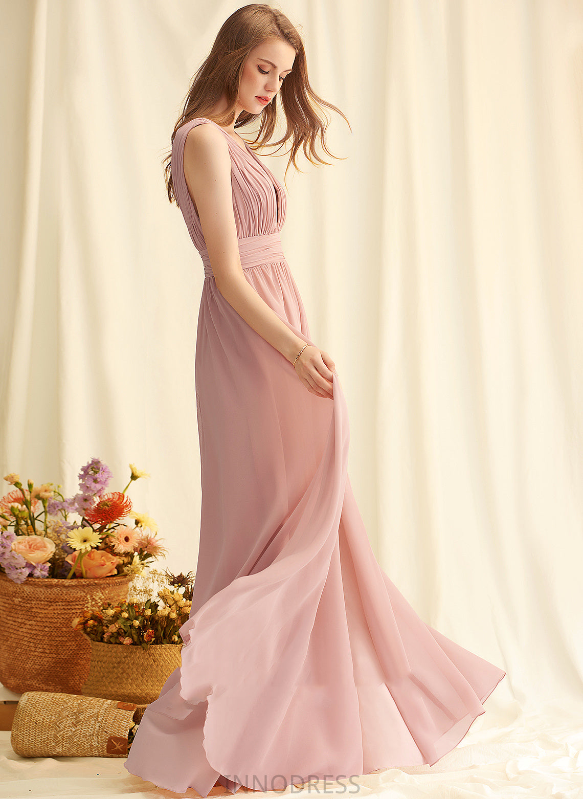 SplitFront Fabric A-Line Silhouette Length Floor-Length Neckline V-neck Embellishment Iliana Sleeveless A-Line/Princess Bridesmaid Dresses