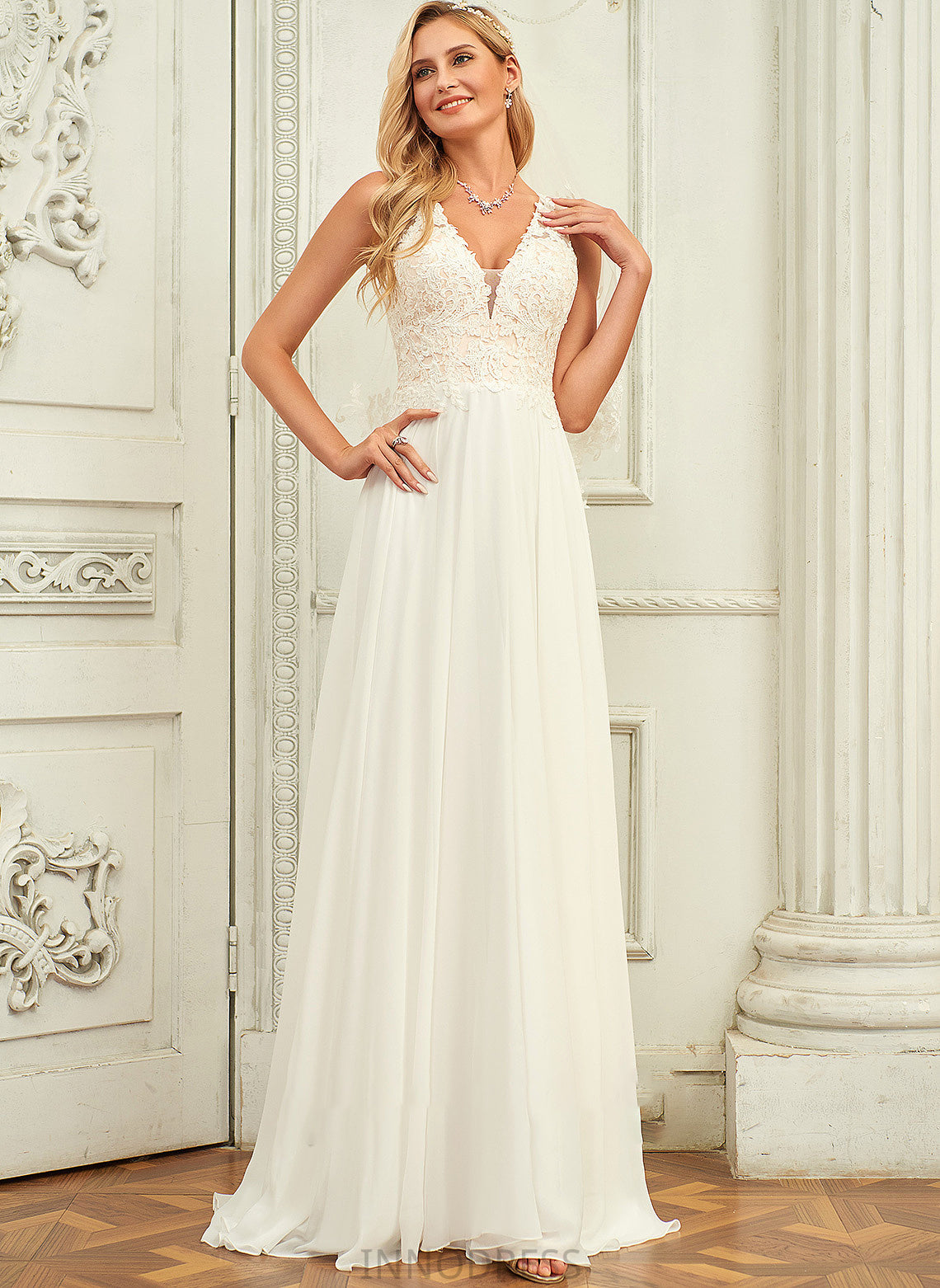 Chiffon Lace Arabella Train A-Line Wedding V-neck With Lace Sweep Wedding Dresses Dress