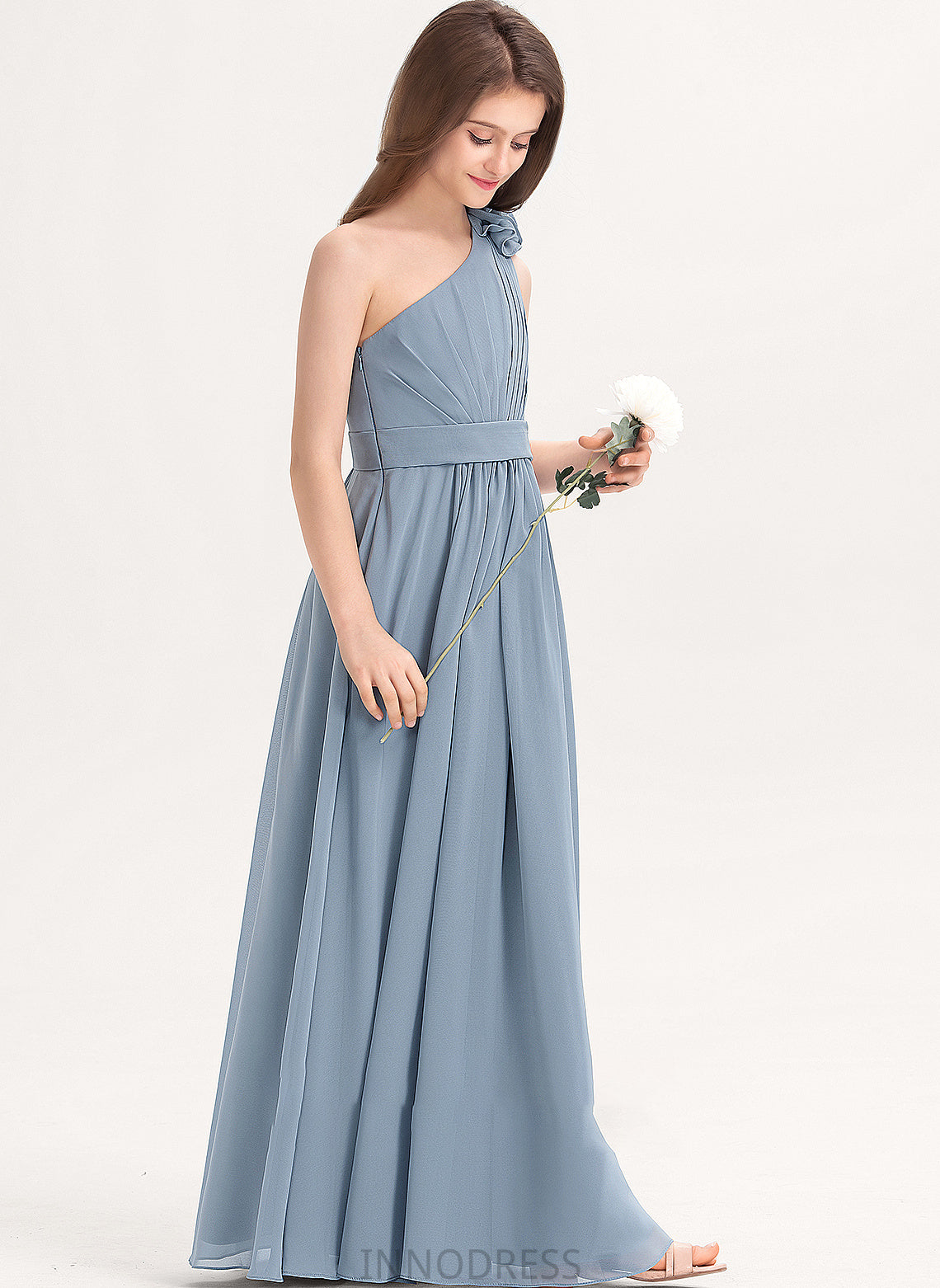 Flower(s) With One-Shoulder Floor-Length Chiffon Junior Bridesmaid Dresses Shelby A-Line Ruffle
