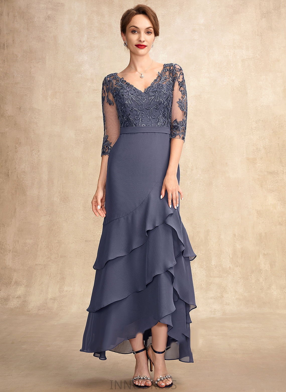 Dress Ruffles Cascading Mother of the Bride Dresses Sequins With Asymmetrical Bride Chiffon of Trumpet/Mermaid Anika the Mother Lace V-neck