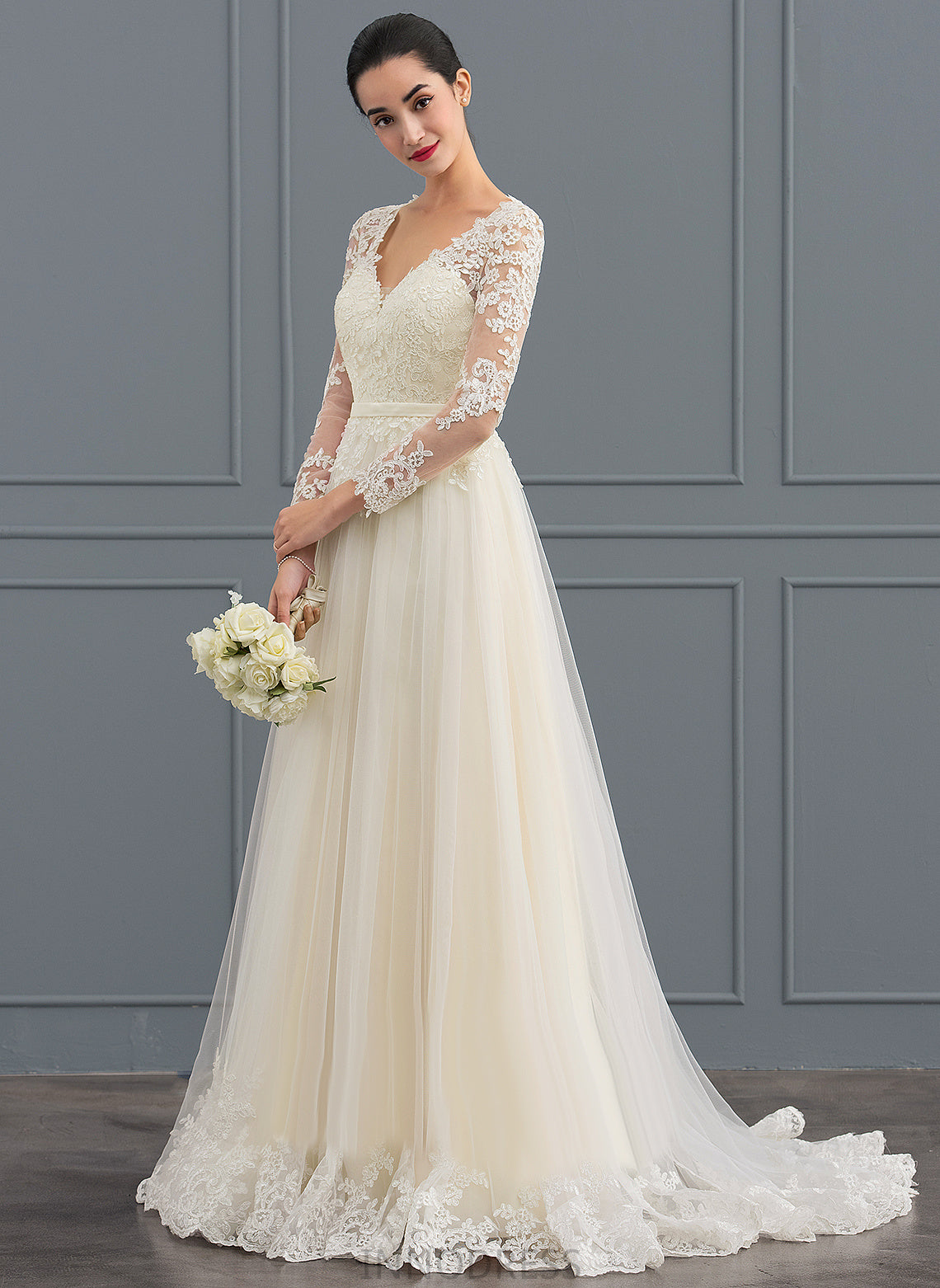 Dress V-neck Ball-Gown/Princess Lace Wedding Tulle Wedding Dresses Phyllis Sweep Train