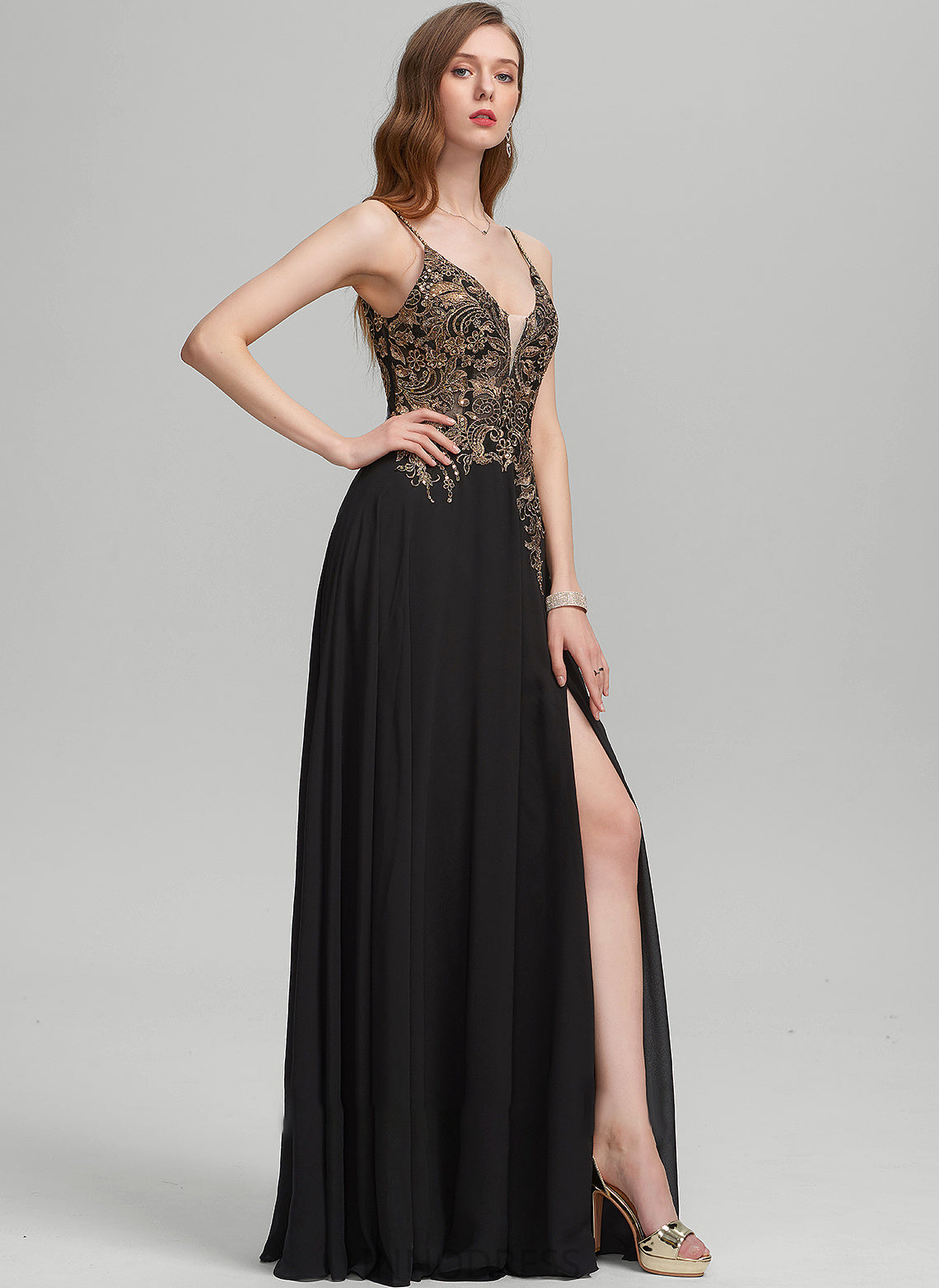 Floor-Length With Prom Dresses A-Line V-neck Jaida Sequins Front Split Lace Chiffon