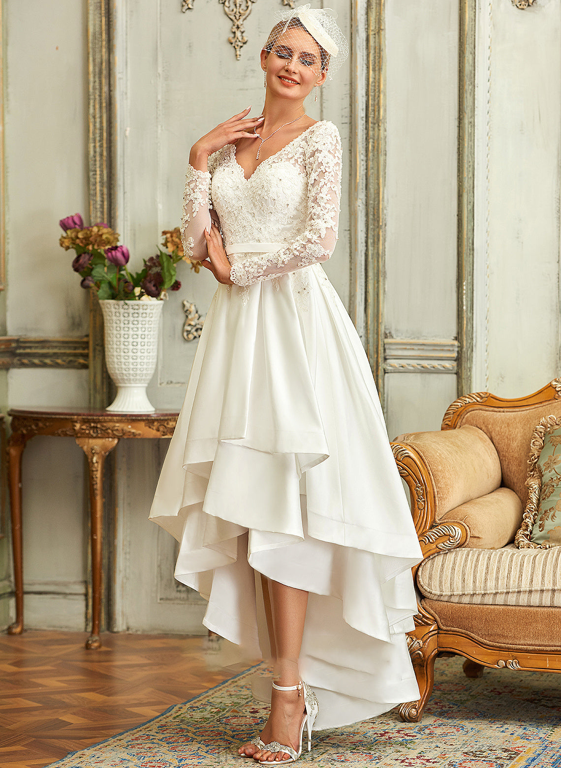 Wedding Lace Dress A-Line Yuliana V-neck Asymmetrical Wedding Dresses Satin