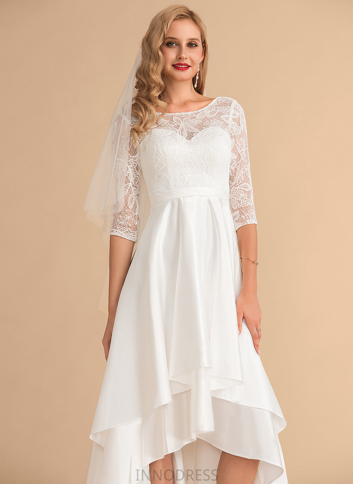 Joanna Wedding Scoop Asymmetrical Dress Satin Lace Wedding Dresses A-Line