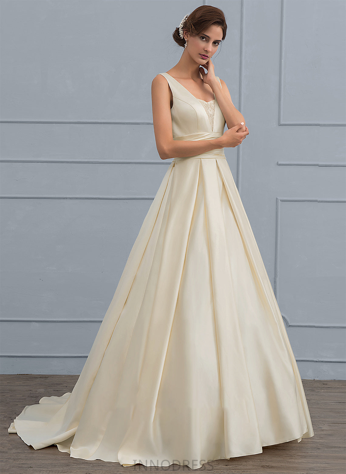 Dress Lace Train Wedding Dresses Satin Guadalupe V-neck With Ball-Gown/Princess Wedding Sweep