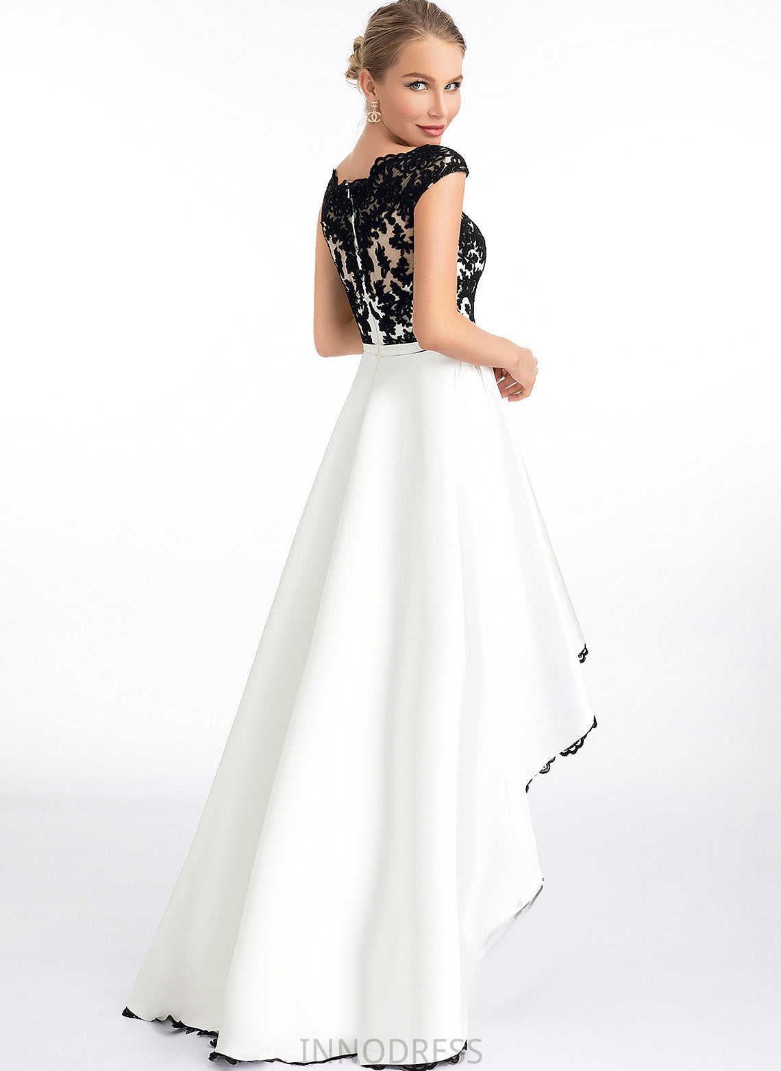 A-Line Asymmetrical Giuliana Lace Satin Wedding Wedding Dresses Scoop Illusion Dress