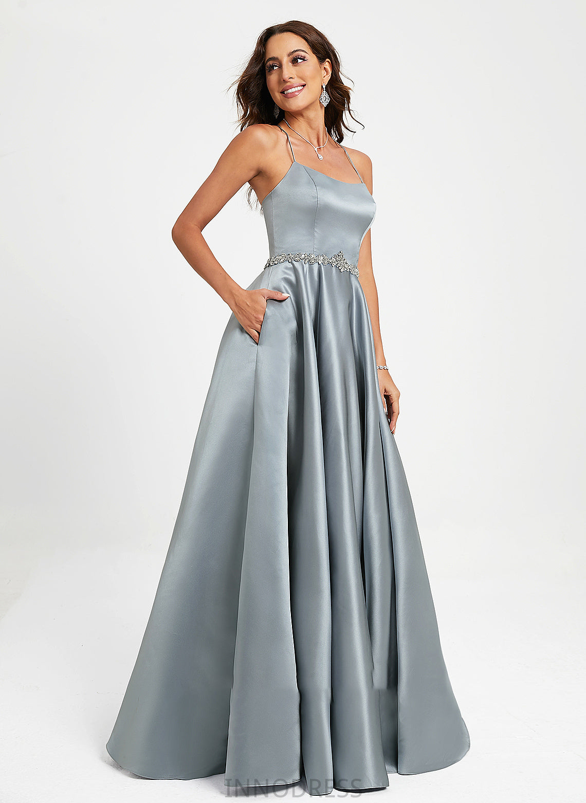Neck A-Line Satin With Floor-Length Scoop Prom Dresses Beading Liana