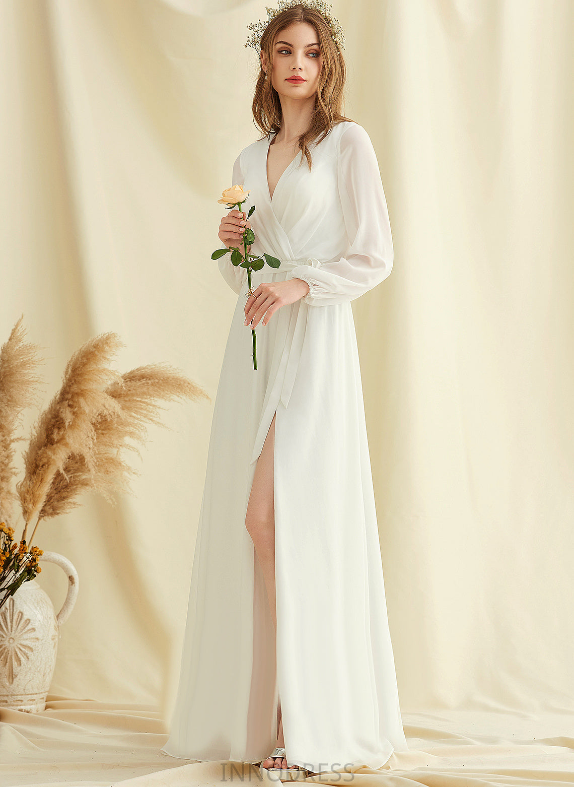 Floor-Length A-Line Wedding Dress Wedding Dresses Kaila V-neck Chiffon