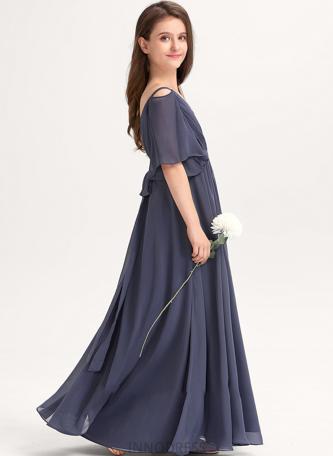 With A-Line Junior Bridesmaid Dresses Off-the-Shoulder Bow(s) Areli Floor-Length Ruffle Chiffon
