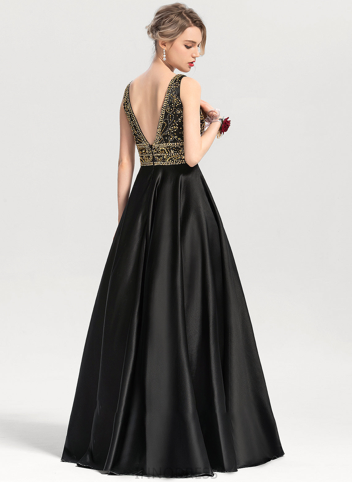 Beading V-neck Satin Prom Dresses Jaycee Ball-Gown/Princess Sequins With Floor-Length