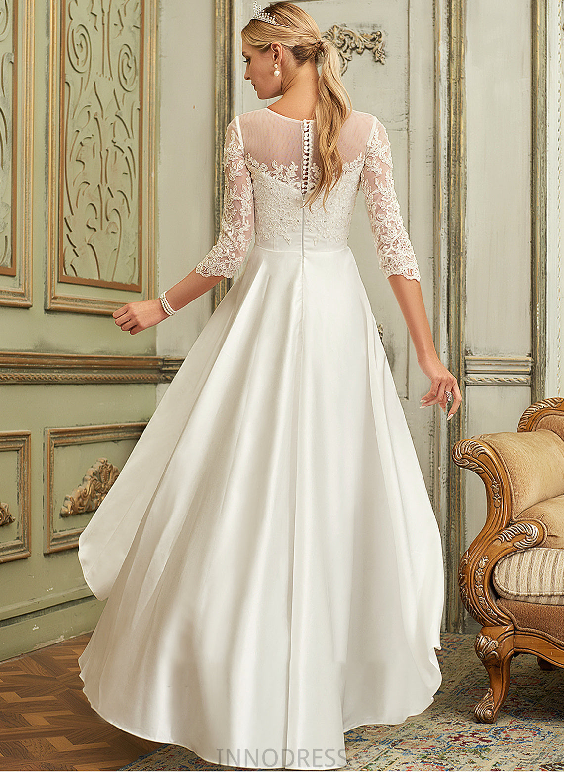 Asymmetrical Scoop A-Line Reese Dress Lace Wedding Satin Neck Wedding Dresses