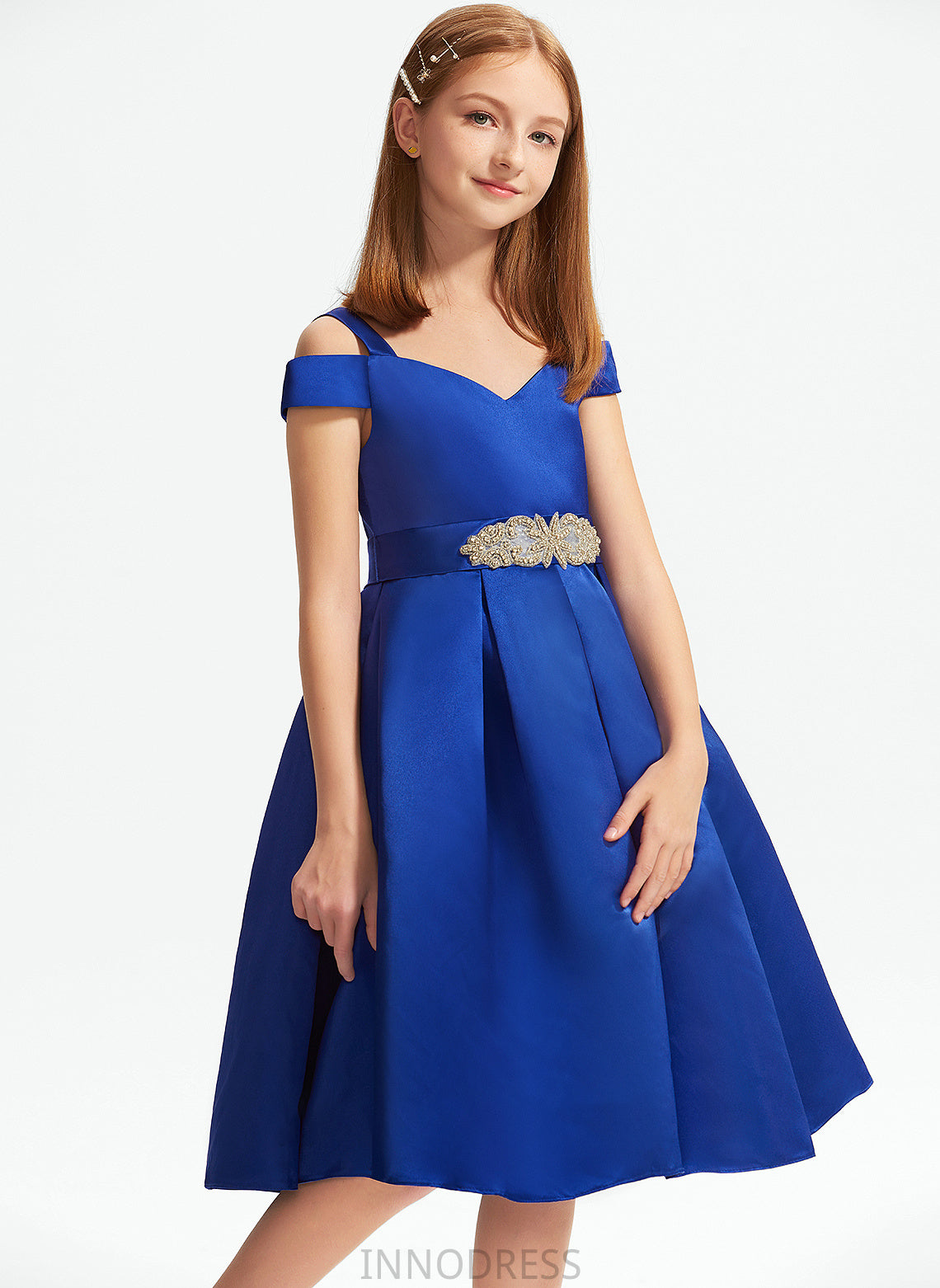 Beading Junior Bridesmaid Dresses With Satin Knee-Length A-Line Briley Bow(s) Off-the-Shoulder