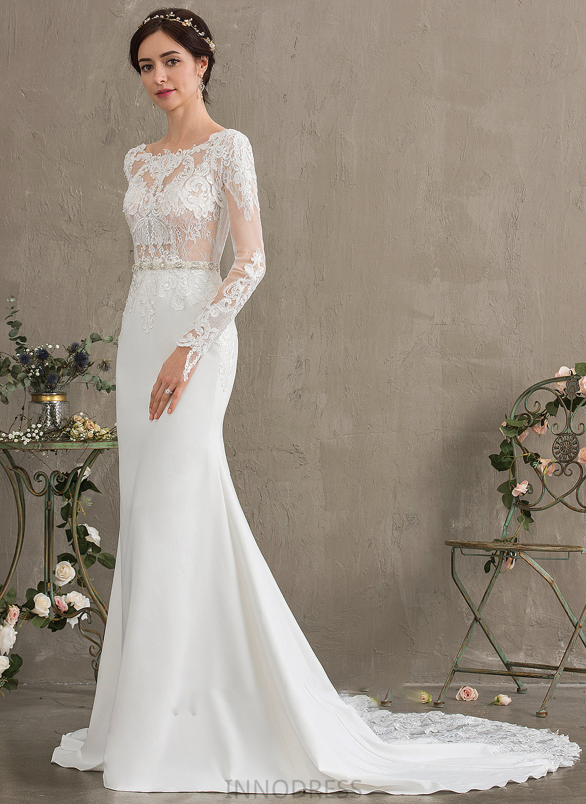Neck Chapel Stretch Wedding Dresses Sequins Train With Isabelle Scoop Wedding Trumpet/Mermaid Dress Crepe Beading