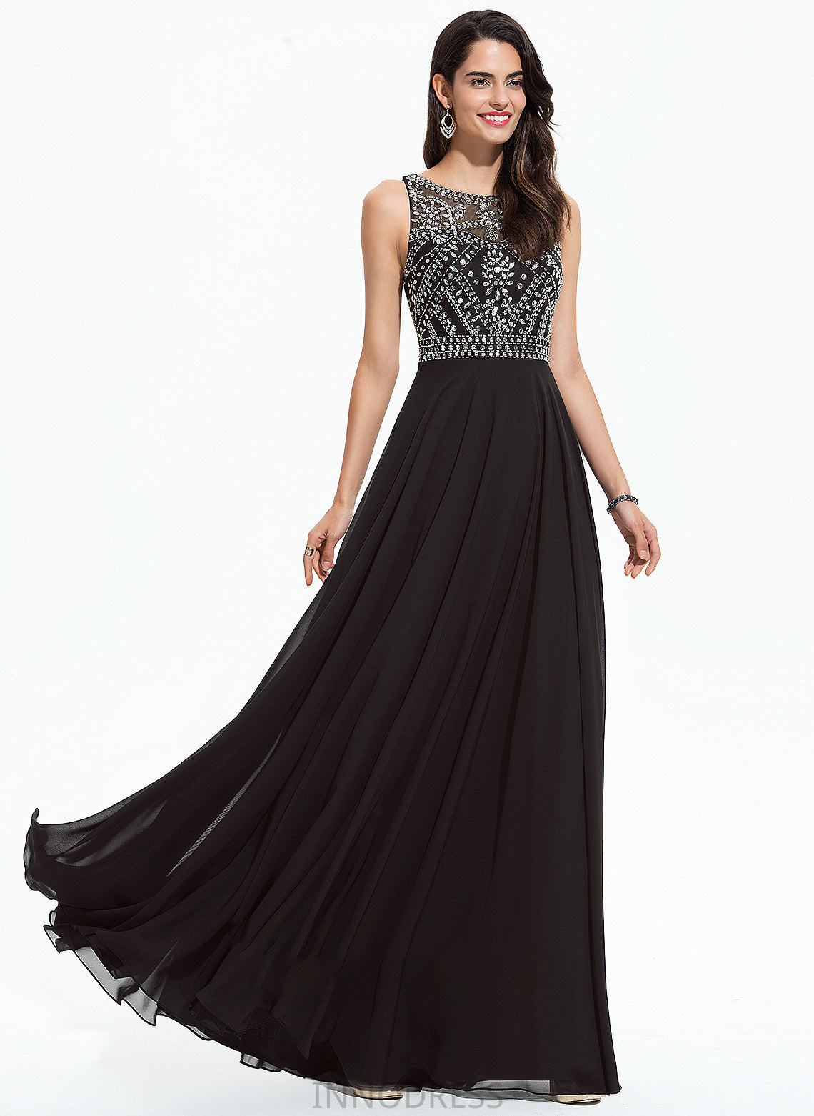 Claudia Neck Beading Floor-Length With Chiffon Scoop A-Line Prom Dresses Sequins
