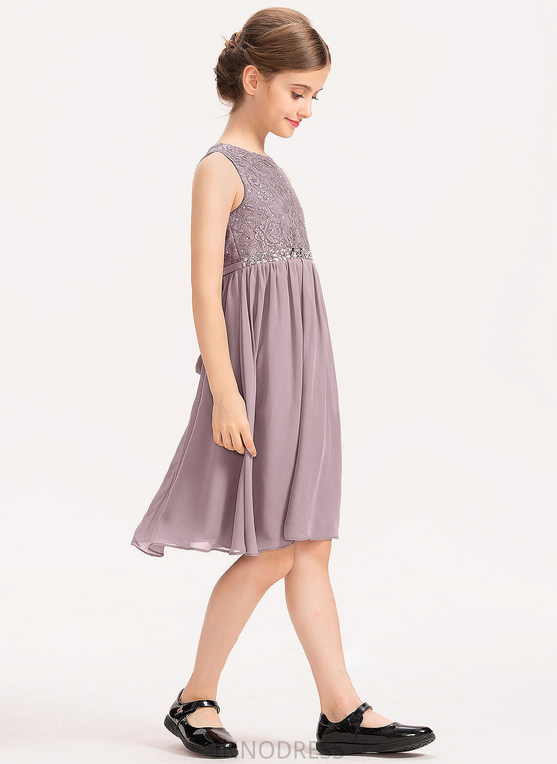 Knee-Length A-Line Chiffon Lace Gretchen Junior Bridesmaid Dresses Scoop With Bow(s) Neck Beading